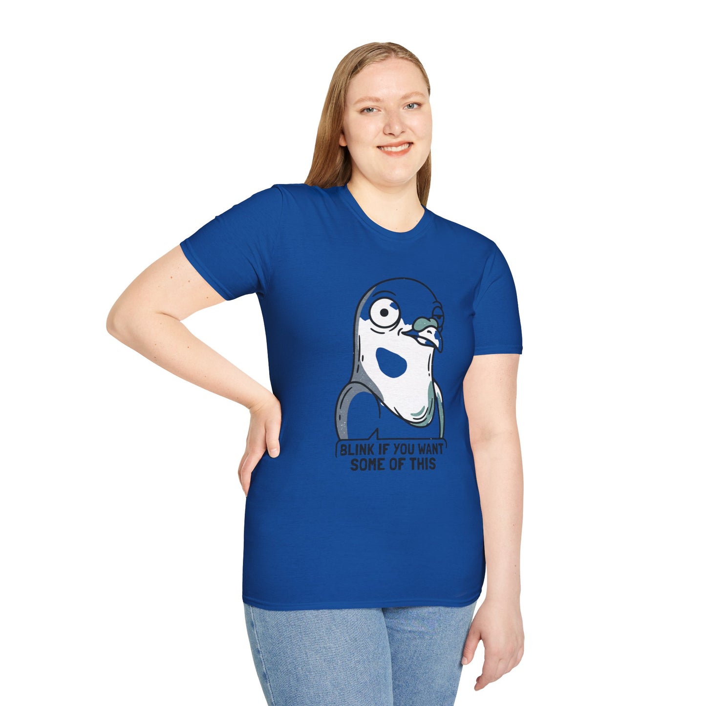 Pigeon Meme T‑Shirt — “Blink If You Want Some Of This” Funny Graphic Tee