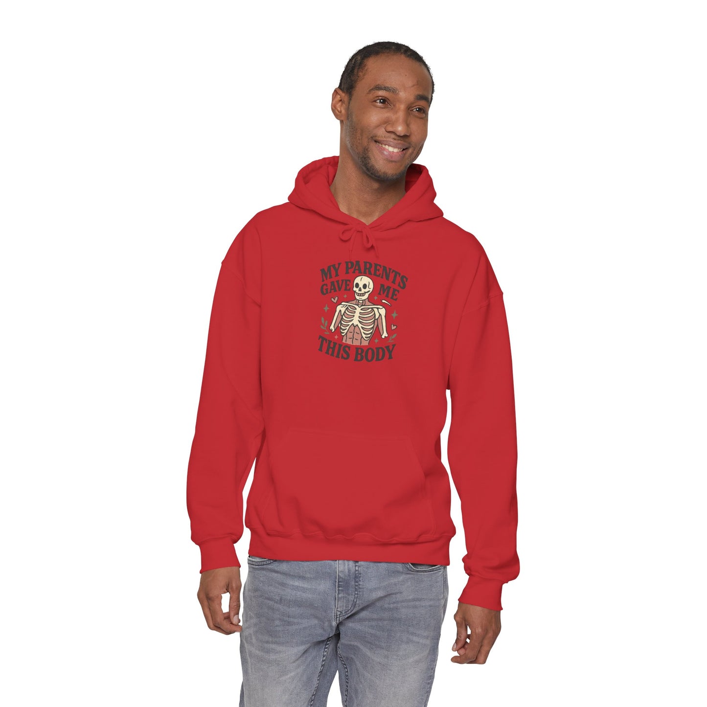 Skeleton Graphic Hoodie — "My Parents Gave Me This Body" Funny Halloween Pullover