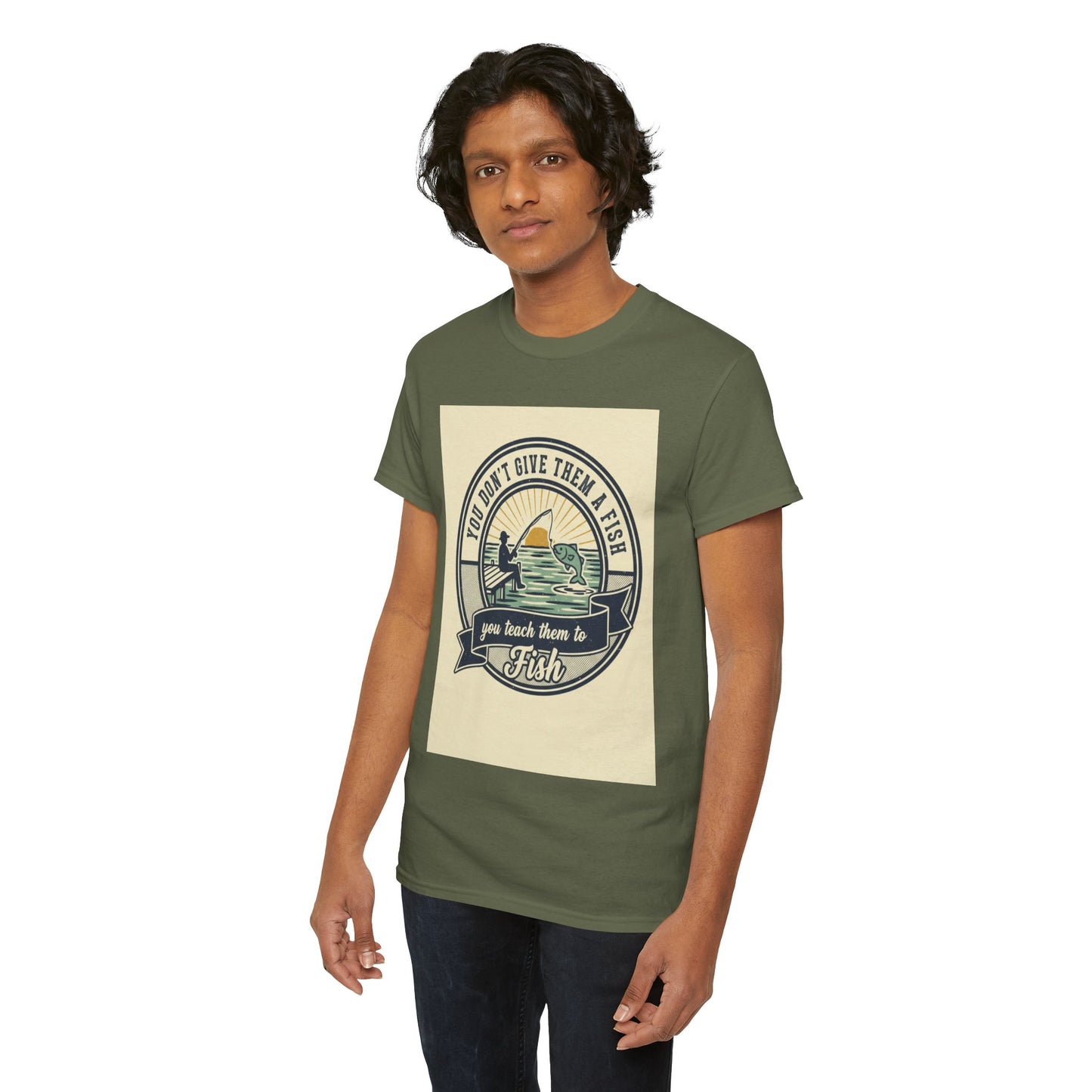Fishing Vintage Badge T-Shirt — "You Don’t Give Them a Fish, You Teach Them to Fish" Graphic Tee
