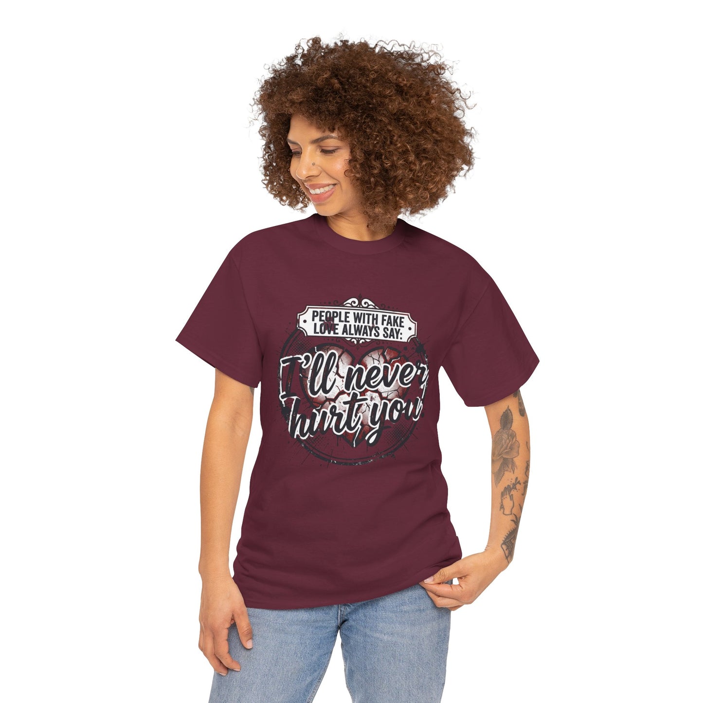 I’ll Never Hurt You Tee — Vintage Heart Quote T-Shirt for Sass & Self-Defense