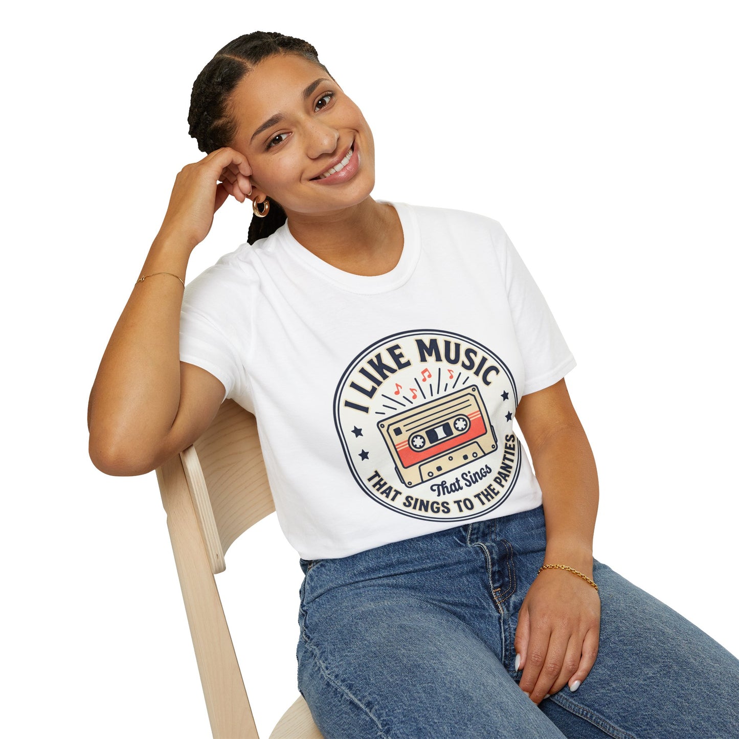 Retro Cassette T-Shirt — "I Like Music That Sings to the Pants" Vintage Music Tee