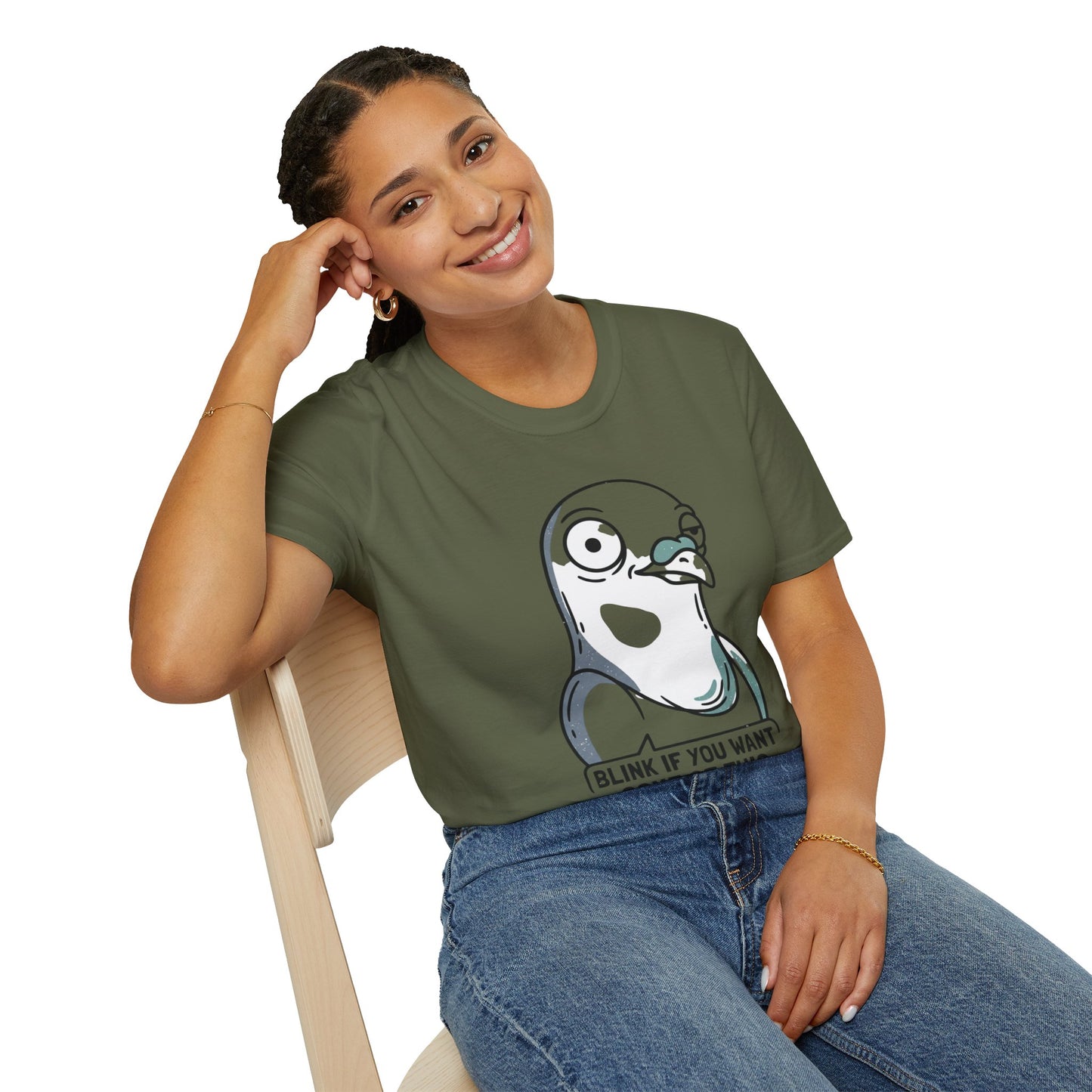 Pigeon Meme T‑Shirt — “Blink If You Want Some Of This” Funny Graphic Tee