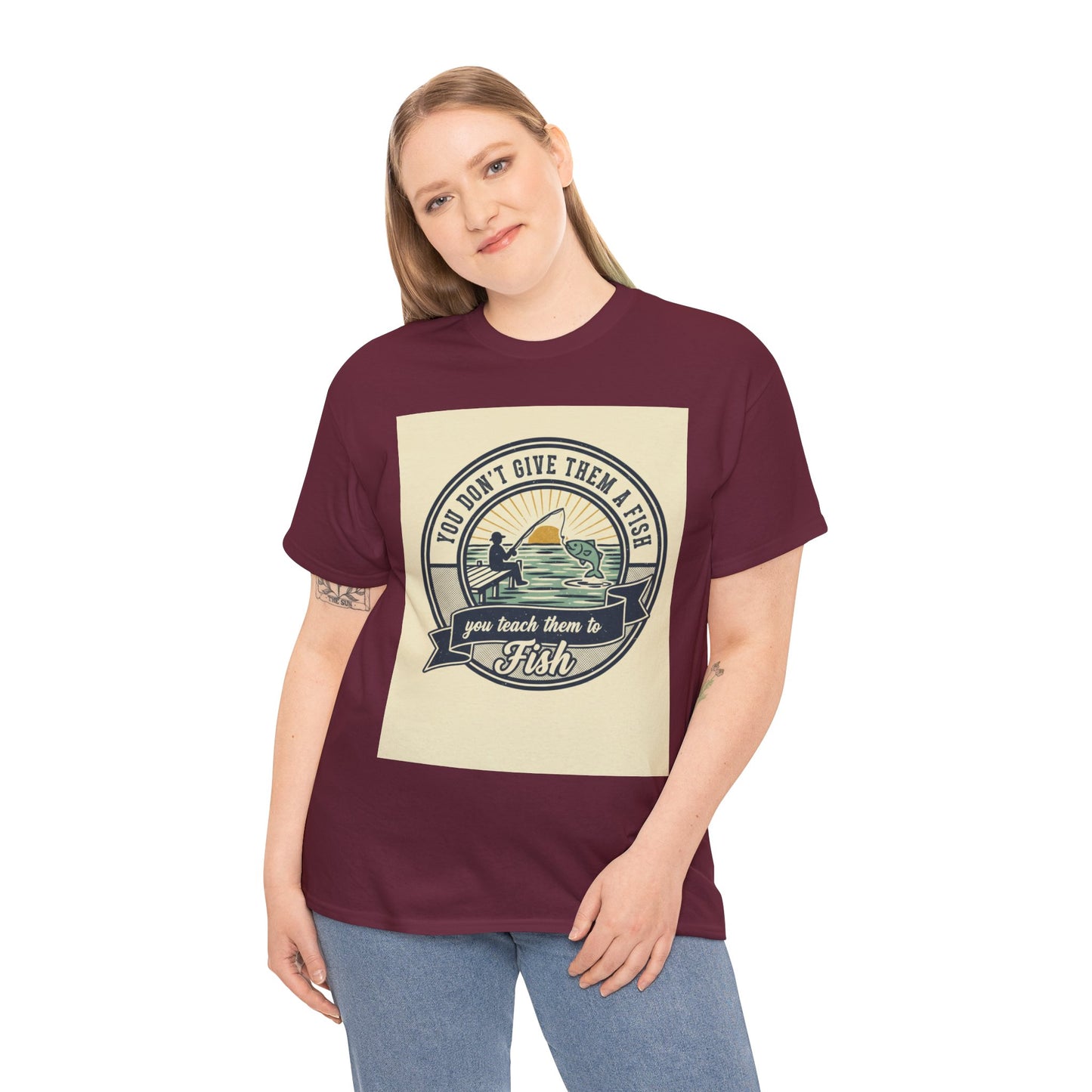 Fishing Vintage Badge T-Shirt — "You Don’t Give Them a Fish, You Teach Them to Fish" Graphic Tee