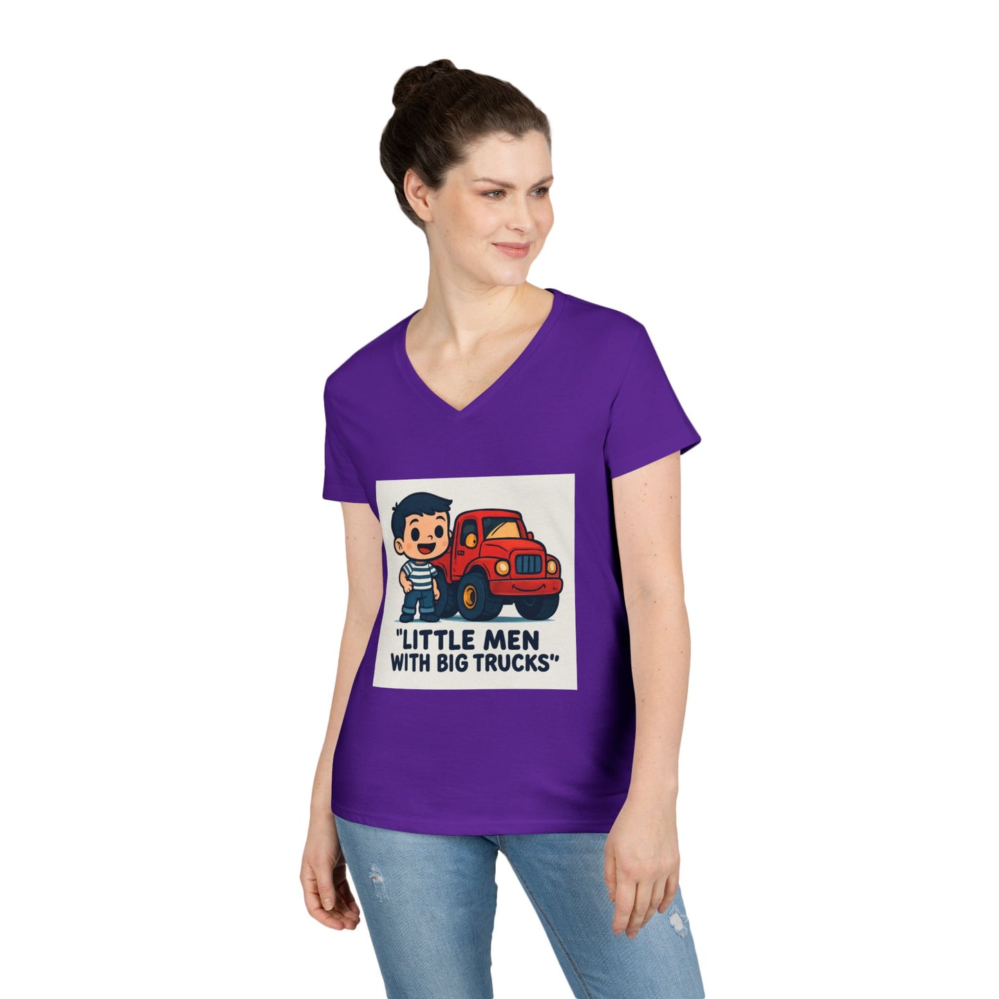 Ladies' V-Neck T-Shirt — "Little Men with Big Trucks" Cute Retro Truck Tee for Kids & Moms Printify