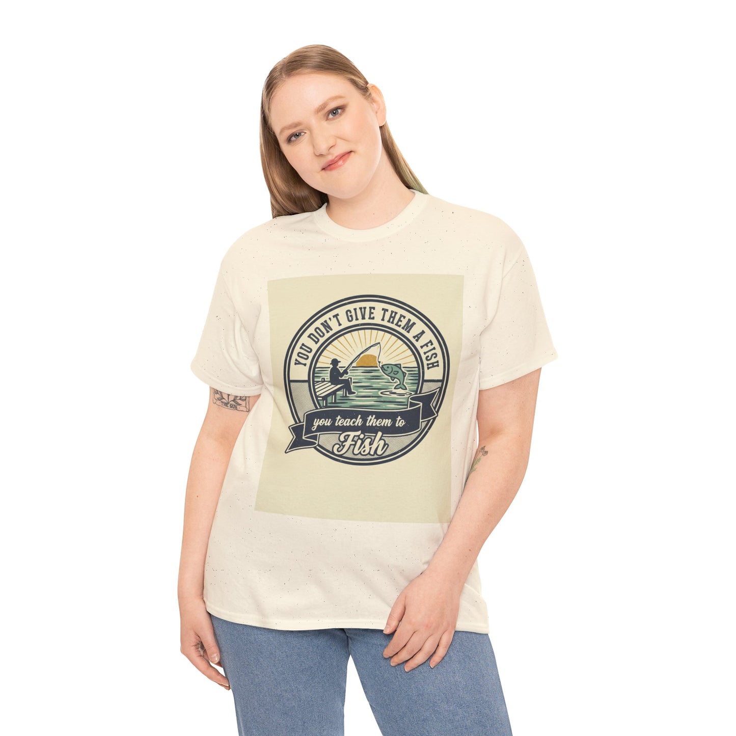 Fishing Vintage Badge T-Shirt — "You Don’t Give Them a Fish, You Teach Them to Fish" Graphic Tee