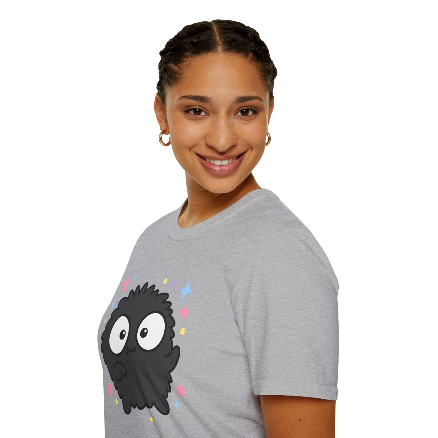 Cute Black Fuzzball T-Shirt — Kawaii Monster Tee with Stars