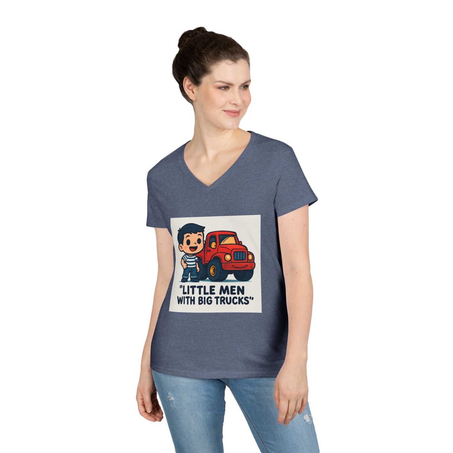 Ladies' V-Neck T-Shirt — "Little Men with Big Trucks" Cute Retro Truck Tee for Kids & Moms Printify