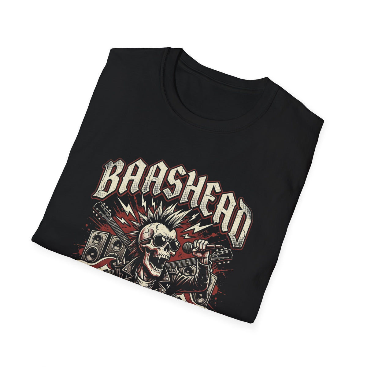 Basshead Skull T-Shirt — “I Make Everyone Listen to My Music, Crank It Up!” Guitar & Speaker Rock Tee