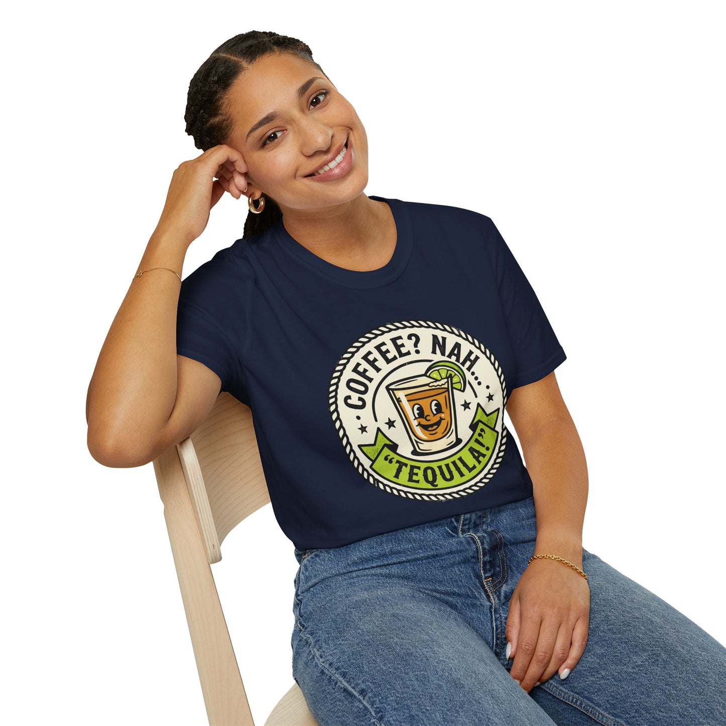 Coffee? Nah, Tequila! T-Shirt – Funny Shot Glass Graphic Tee for Party Lovers