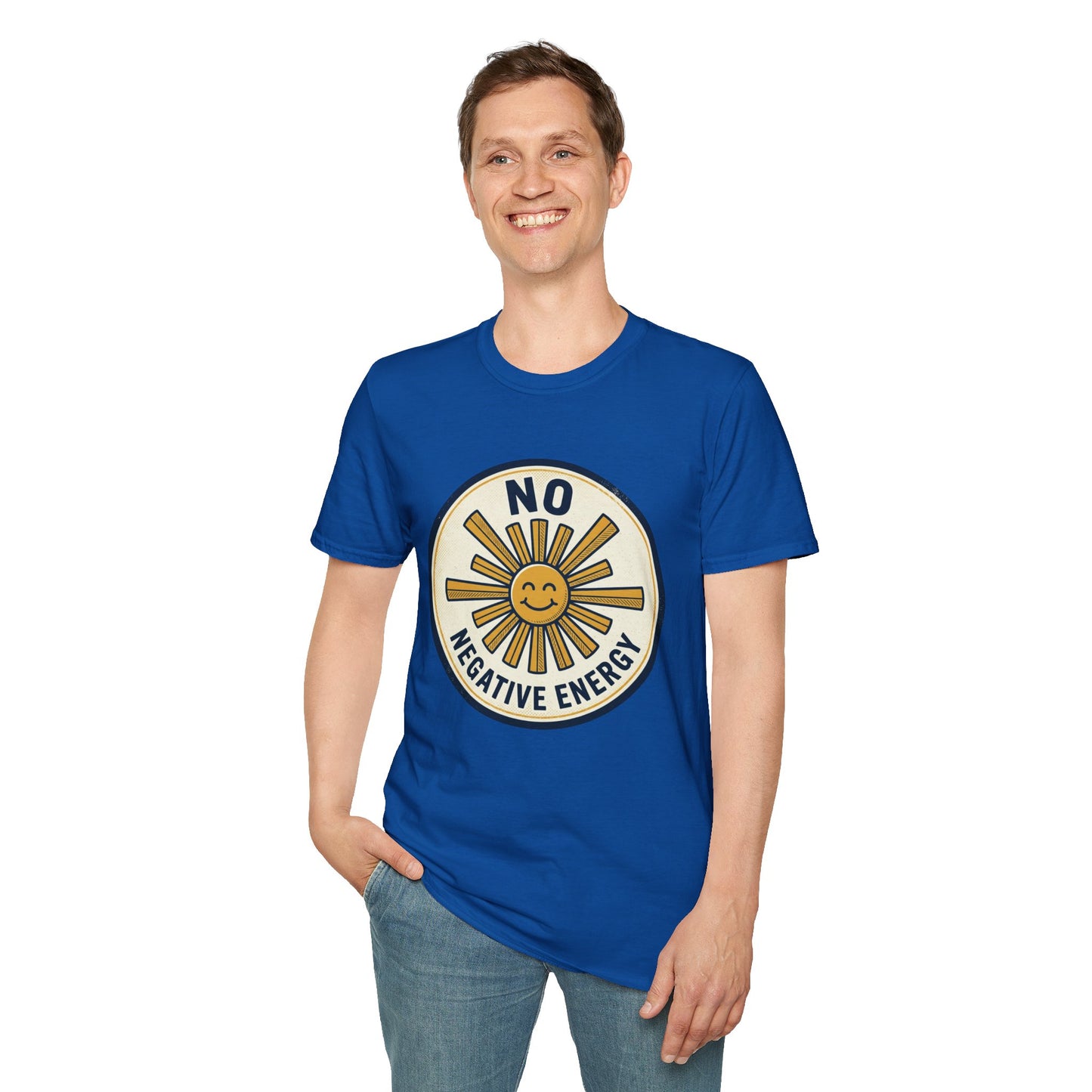 No Negative Energy T-Shirt — Retro Smiling Sun Positive Vibes Tee