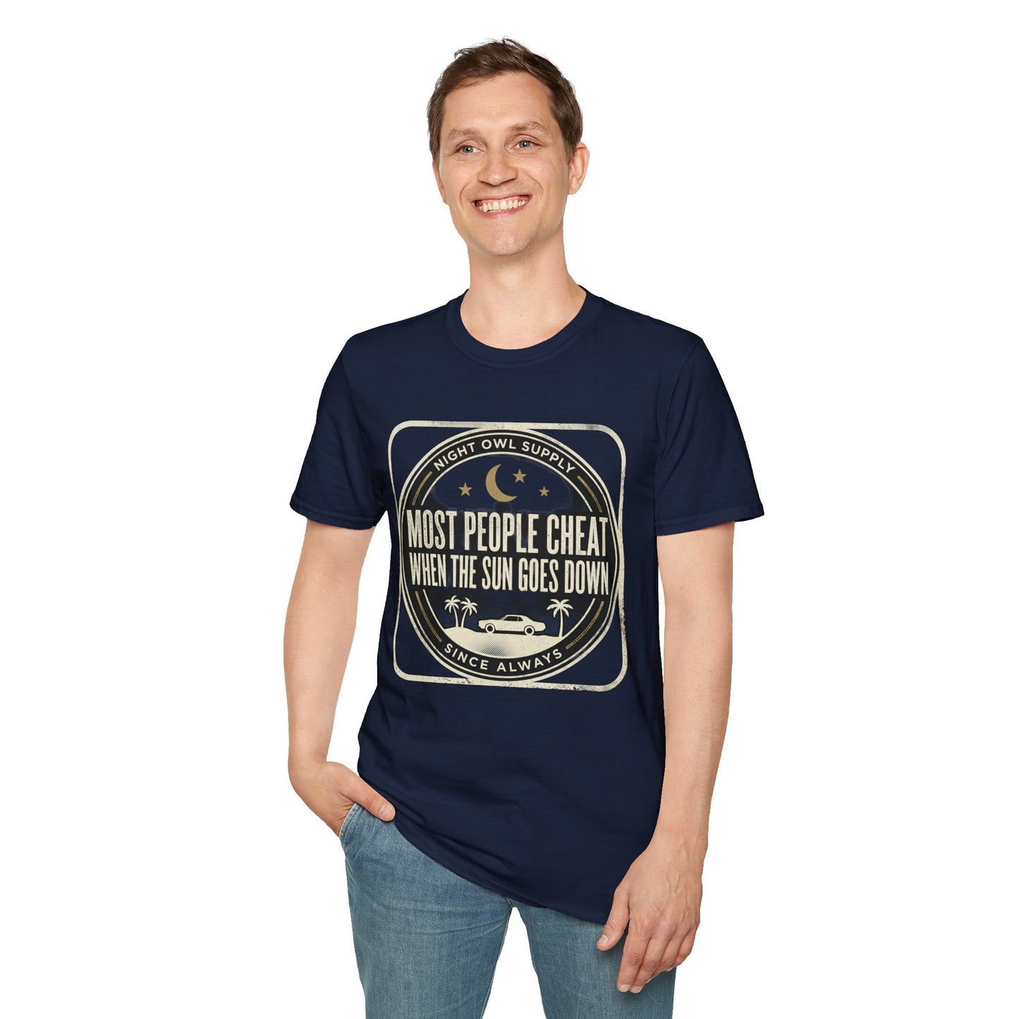 “Most People Cheat When The Sun Goes Down” Vintage Graphic Tee-Night Owl T-Shirt