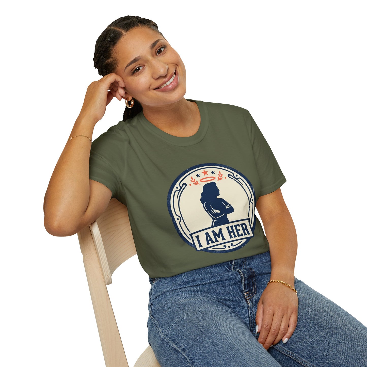 I Am Her Women’s T-Shirt — Empowering Mom & Woman Pride Vintage Badge Tee