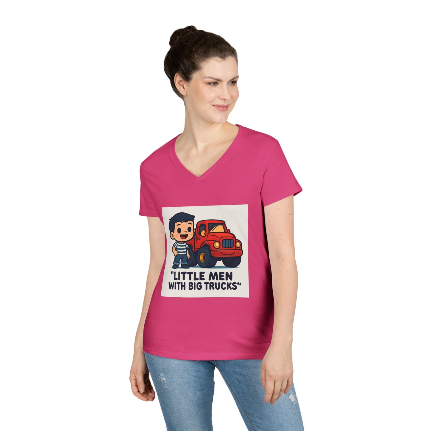 Ladies' V-Neck T-Shirt — "Little Men with Big Trucks" Cute Retro Truck Tee for Kids & Moms Printify