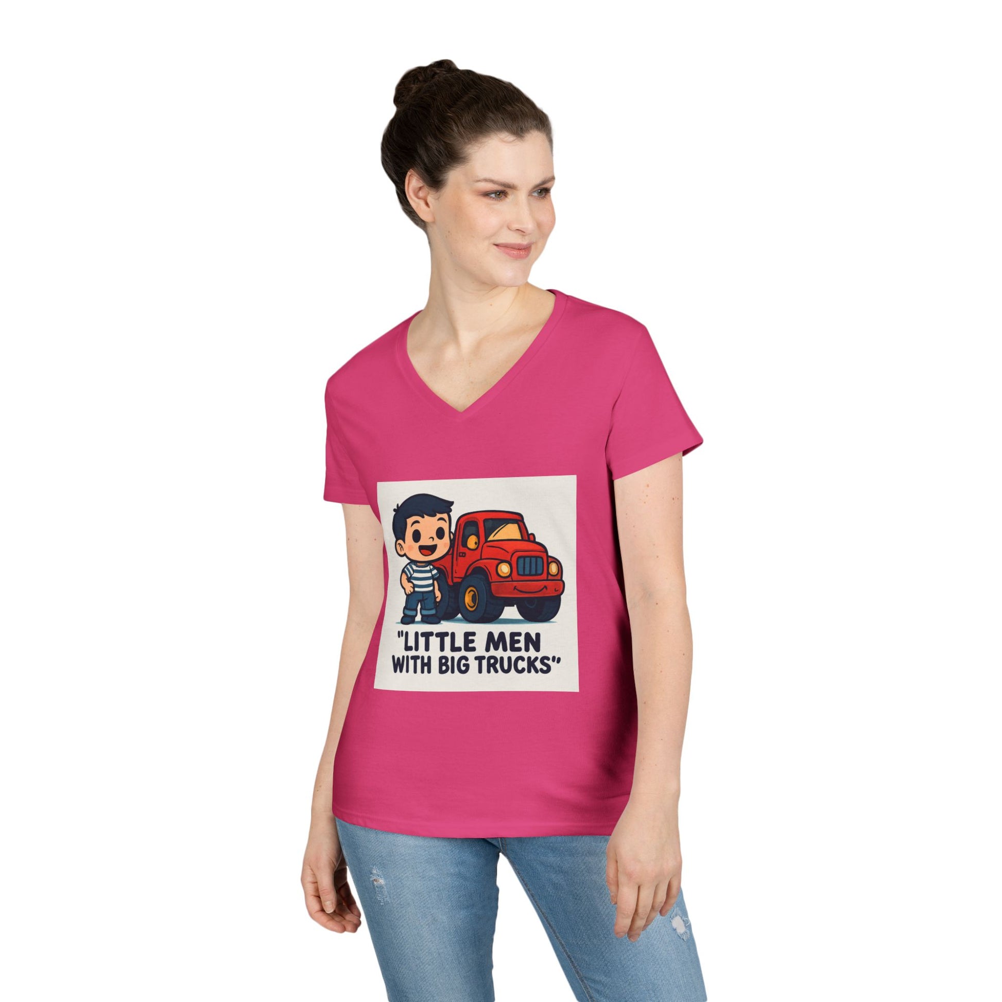 Ladies' V-Neck T-Shirt — "Little Men with Big Trucks" Cute Retro Truck Tee for Kids & Moms Printify