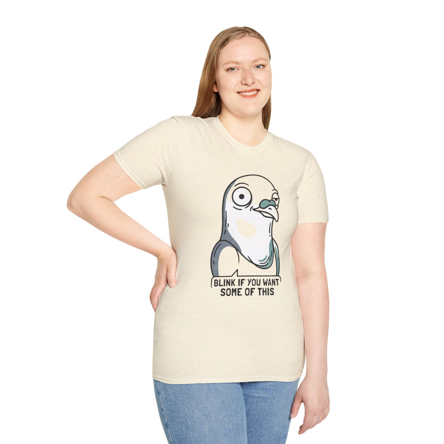Pigeon Meme T‑Shirt — “Blink If You Want Some Of This” Funny Graphic Tee