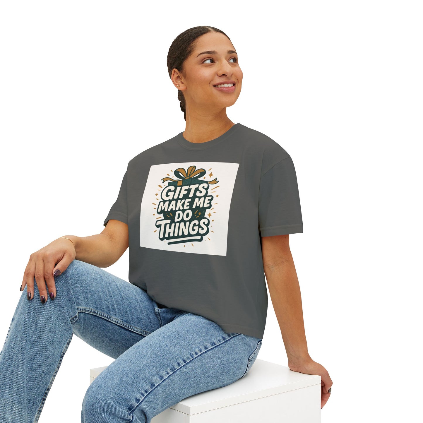 Gifts Make Me Do Things Graphic Boxy Tee — Women’s Casual Crop T-Shirt