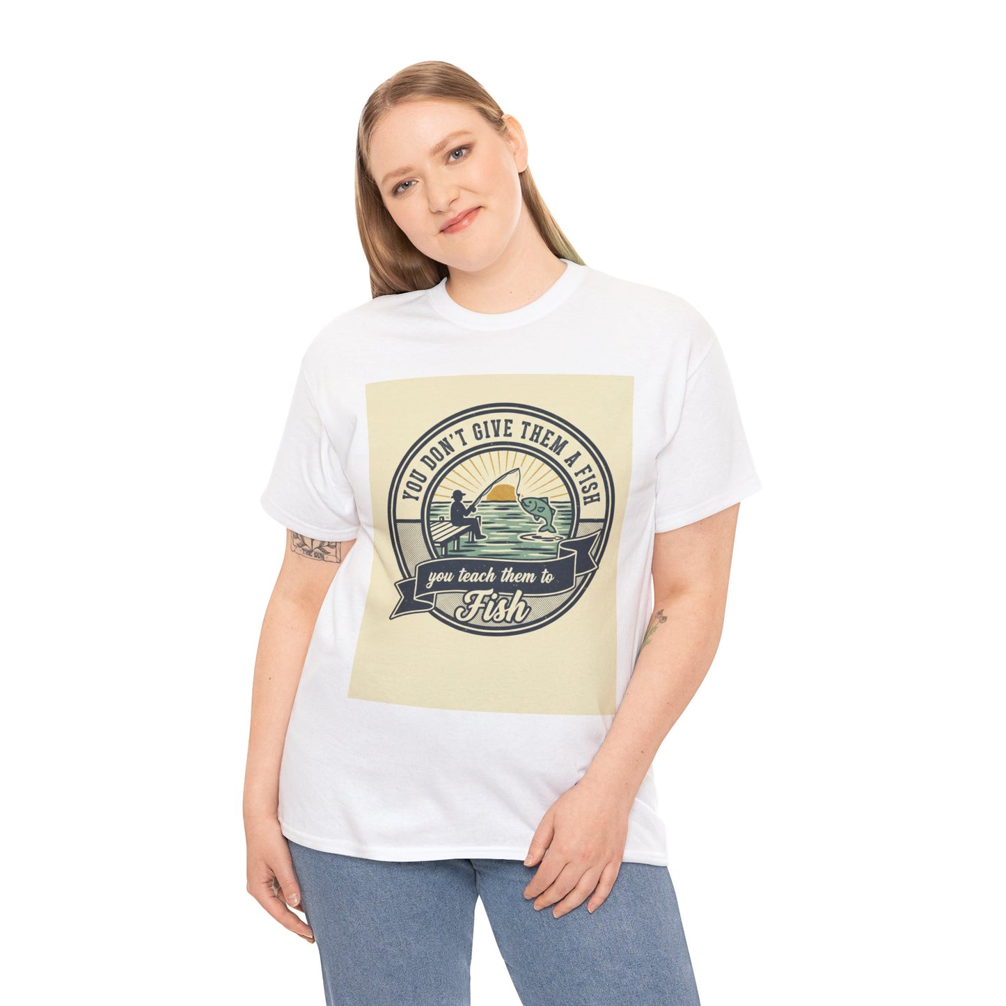 Fishing Vintage Badge T-Shirt — "You Don’t Give Them a Fish, You Teach Them to Fish" Graphic Tee