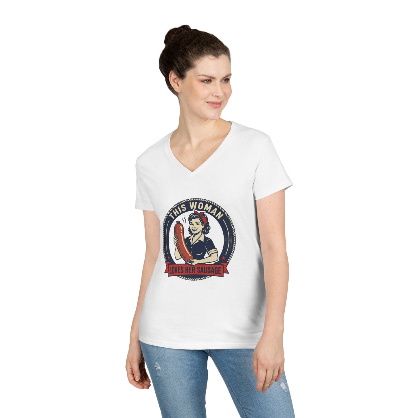 Ladies' V-Neck T-Shirt — "This Woman Loves Her Sausage" Retro Graphic Tee