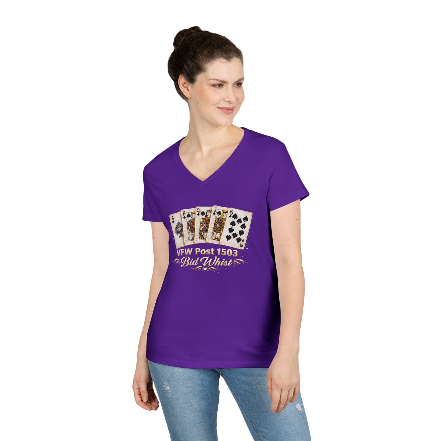 Ladies' V-Neck T-Shirt — Vintage Playing Cards "VFW Post 1503" Graphic Printify