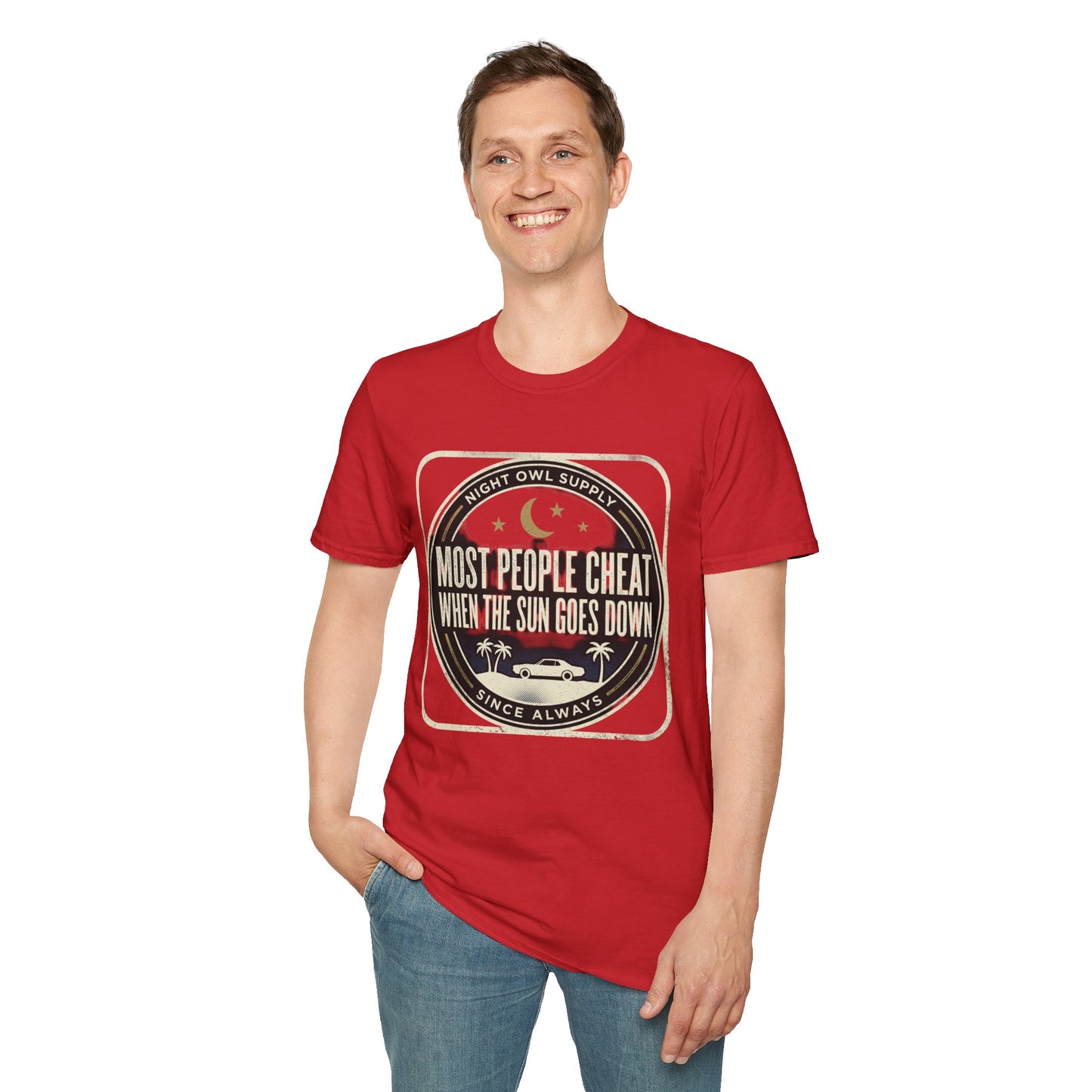 “Most People Cheat When The Sun Goes Down” Vintage Graphic Tee-Night Owl T-Shirt