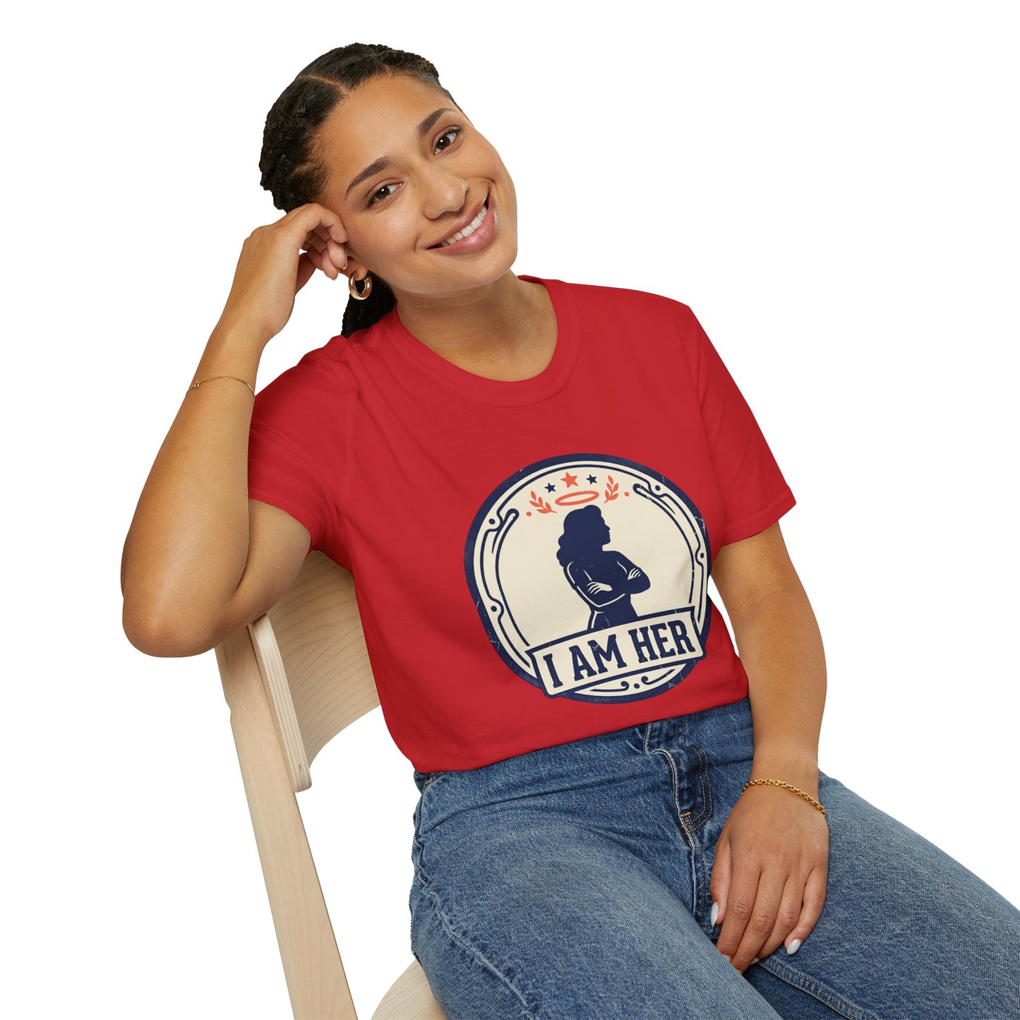 I Am Her Women’s T-Shirt — Empowering Mom & Woman Pride Vintage Badge Tee