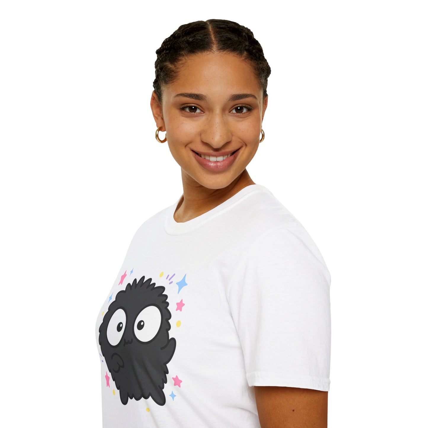 Cute Black Fuzzball T-Shirt — Kawaii Monster Tee with Stars