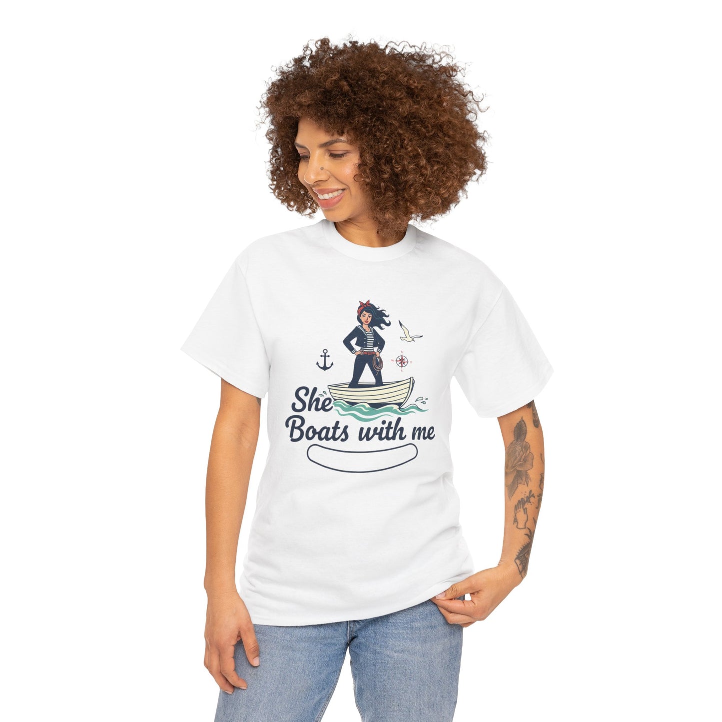 T-Shirt — "She Boats With Me" Nautical Couple Tee Printify