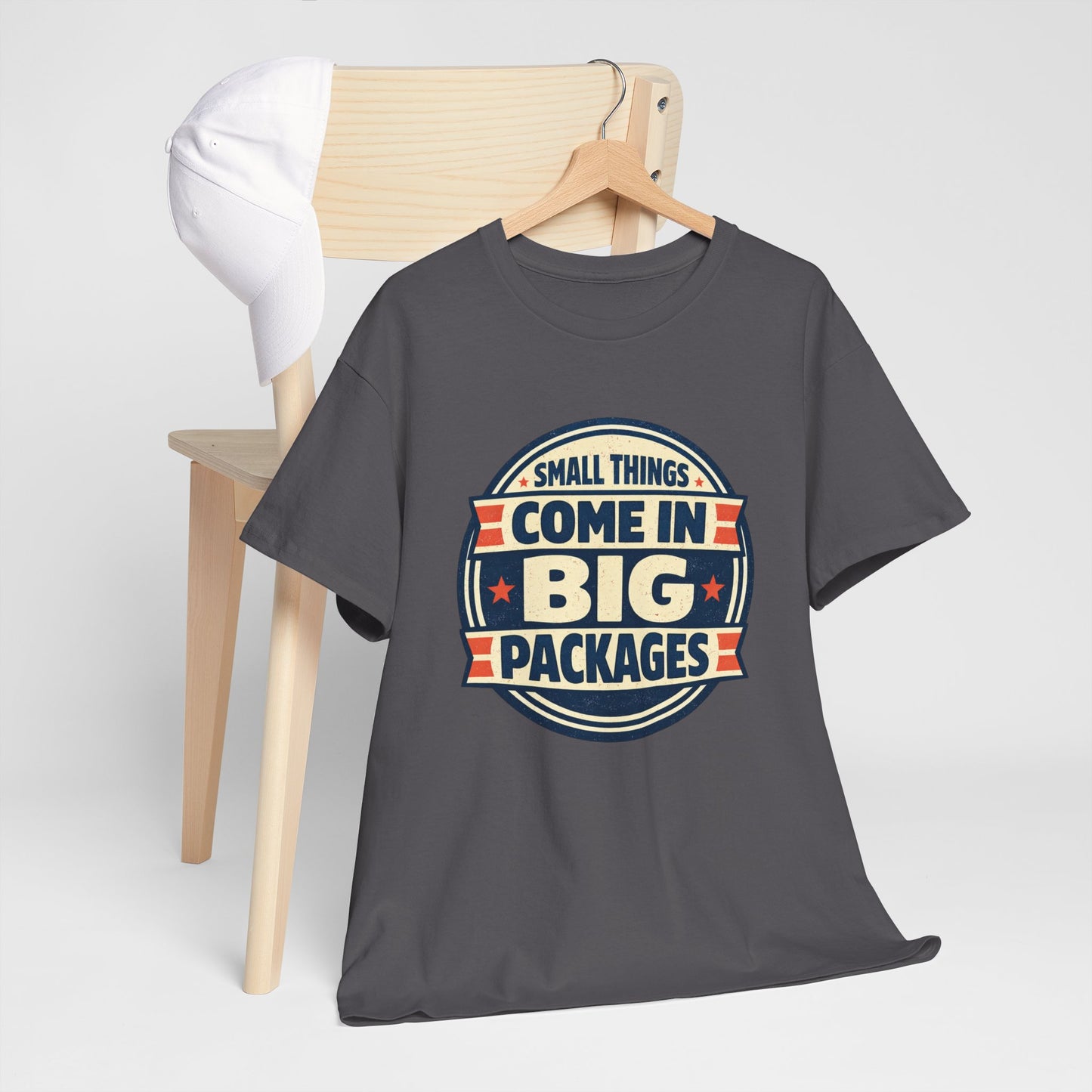 T-Shirt — "Small Things Come in Big Packages" Retro Badge Tee