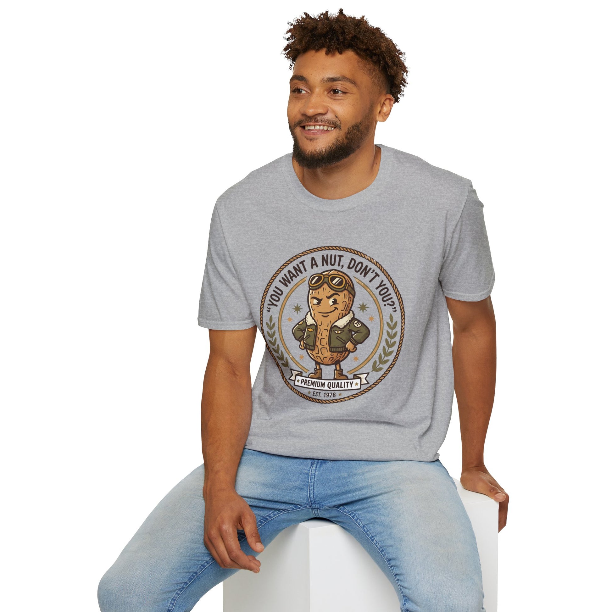 Vintage Mascot Peanut T-Shirt — "You Want a Nut, Don't You?" Retro Graphic Tee Printify