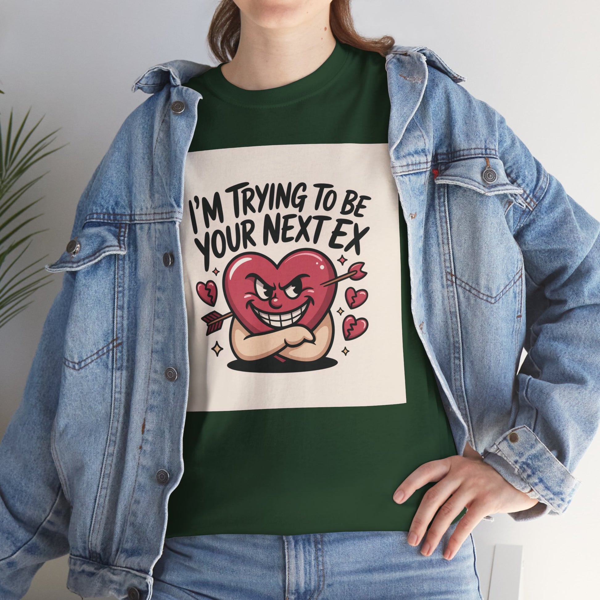 Valentine Heart Character Tee — "I'm Trying To Be Your Next Ex" Graphic T-Shirt Printify