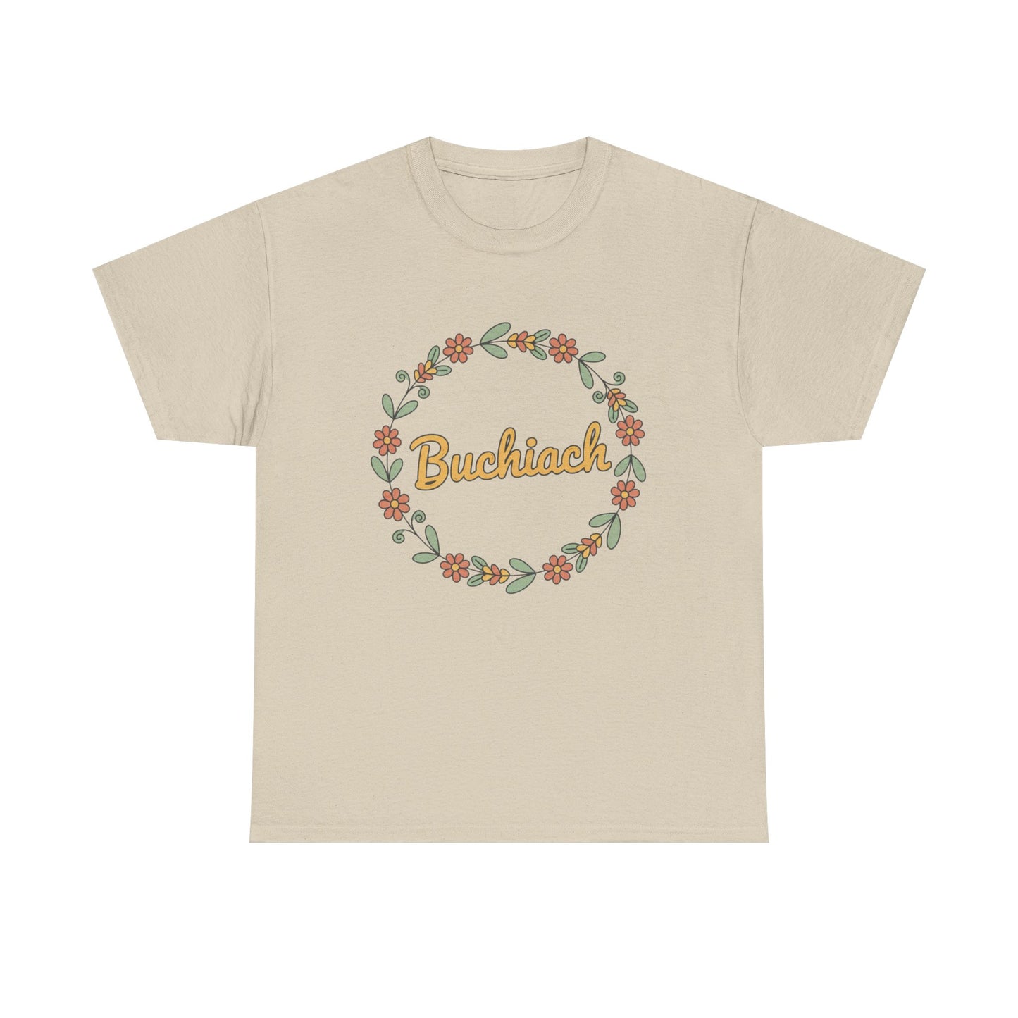 Buchiach Floral Wreath T-Shirt — Retro Script Garden Tee Printify