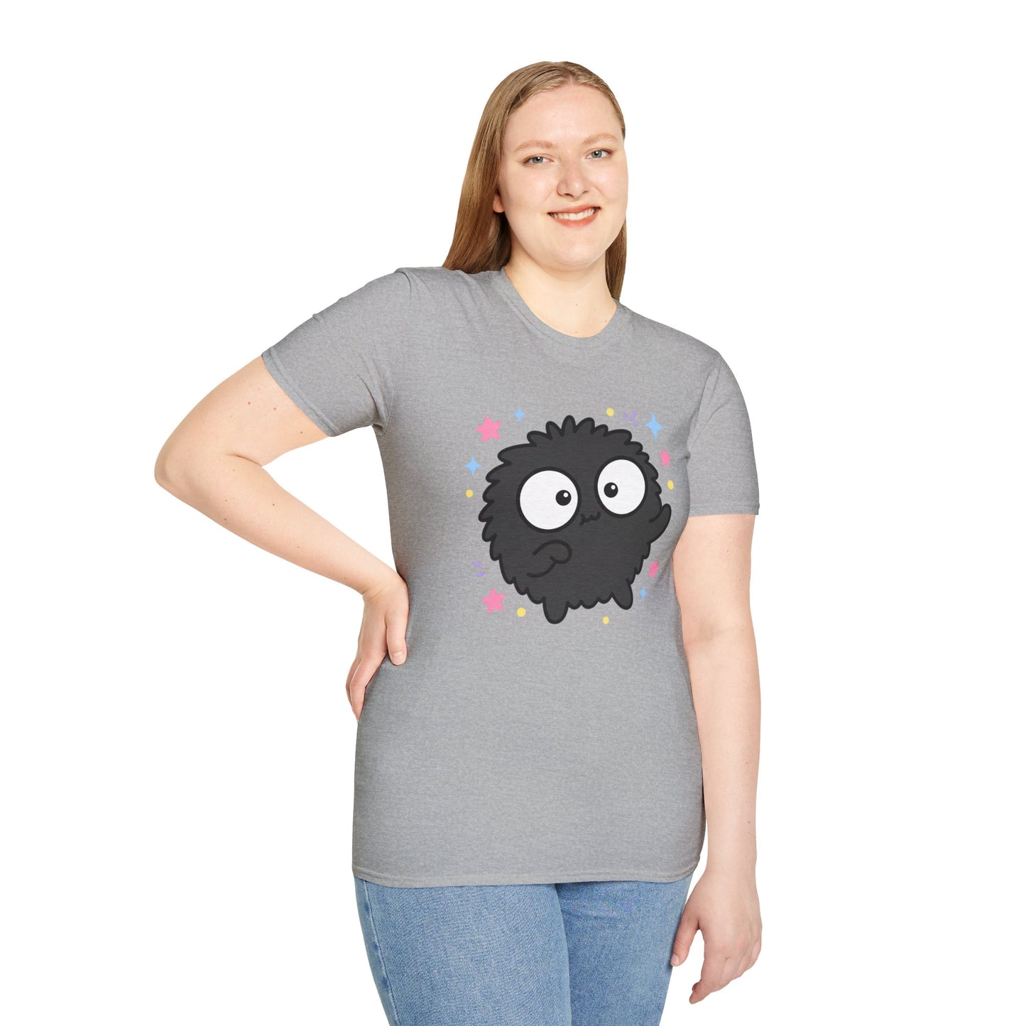 Cute Black Fuzzball T-Shirt — Kawaii Monster Tee with Stars