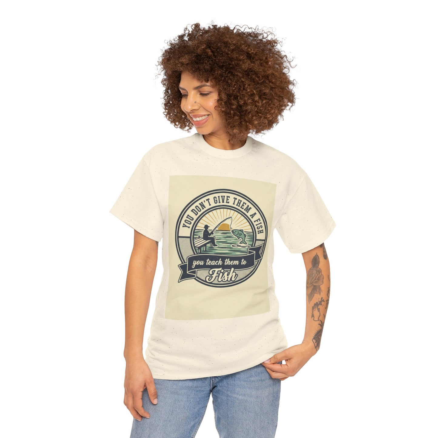 Fishing Vintage Badge T-Shirt — "You Don’t Give Them a Fish, You Teach Them to Fish" Graphic Tee