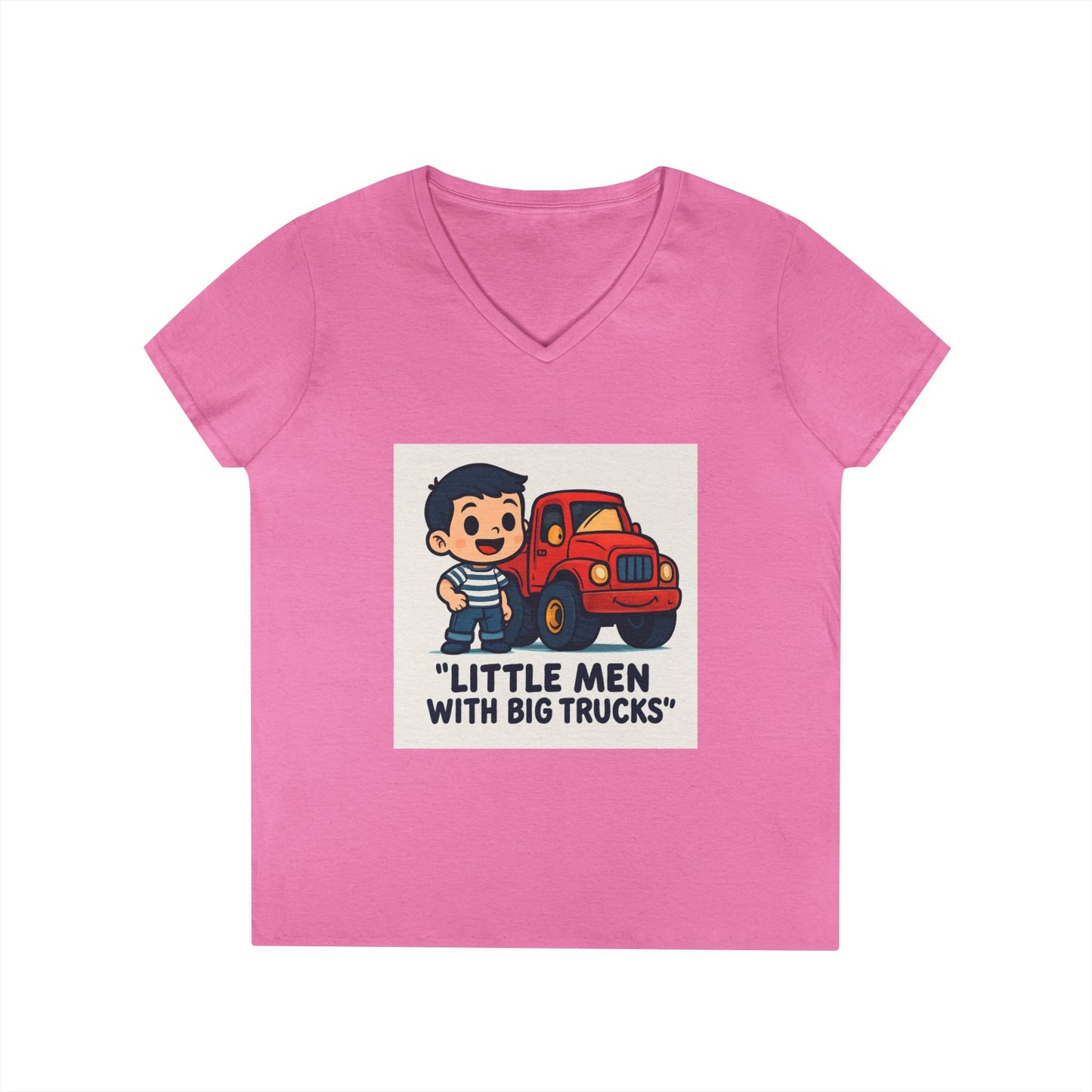 Ladies' V-Neck T-Shirt — "Little Men with Big Trucks" Cute Retro Truck Tee for Kids & Moms Printify