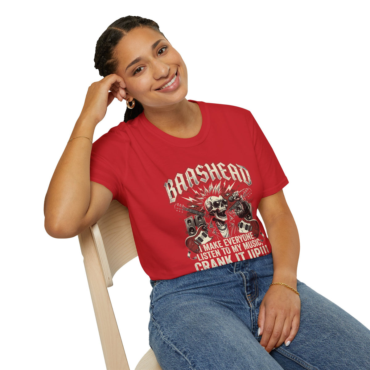 Basshead Skull T-Shirt — “I Make Everyone Listen to My Music, Crank It Up!” Guitar & Speaker Rock Tee