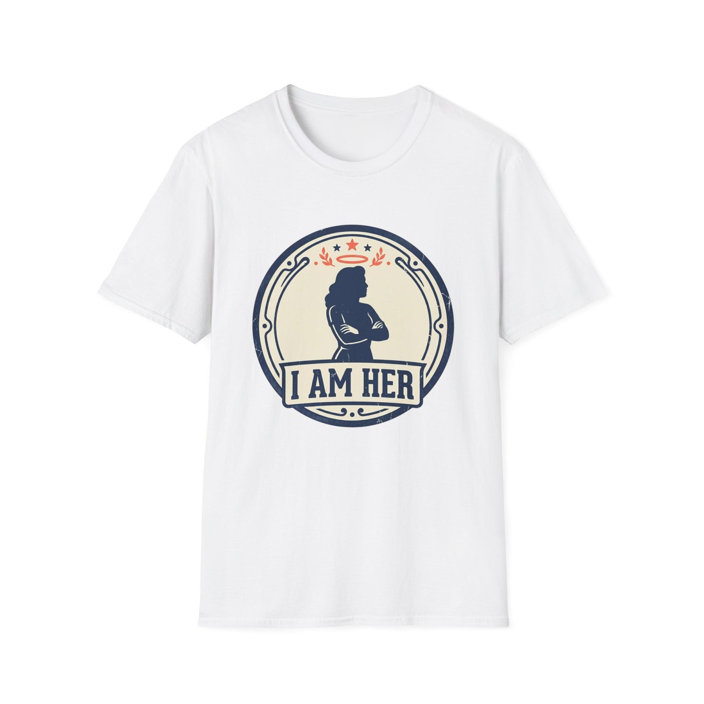 I Am Her Women’s T-Shirt — Empowering Mom & Woman Pride Vintage Badge Tee