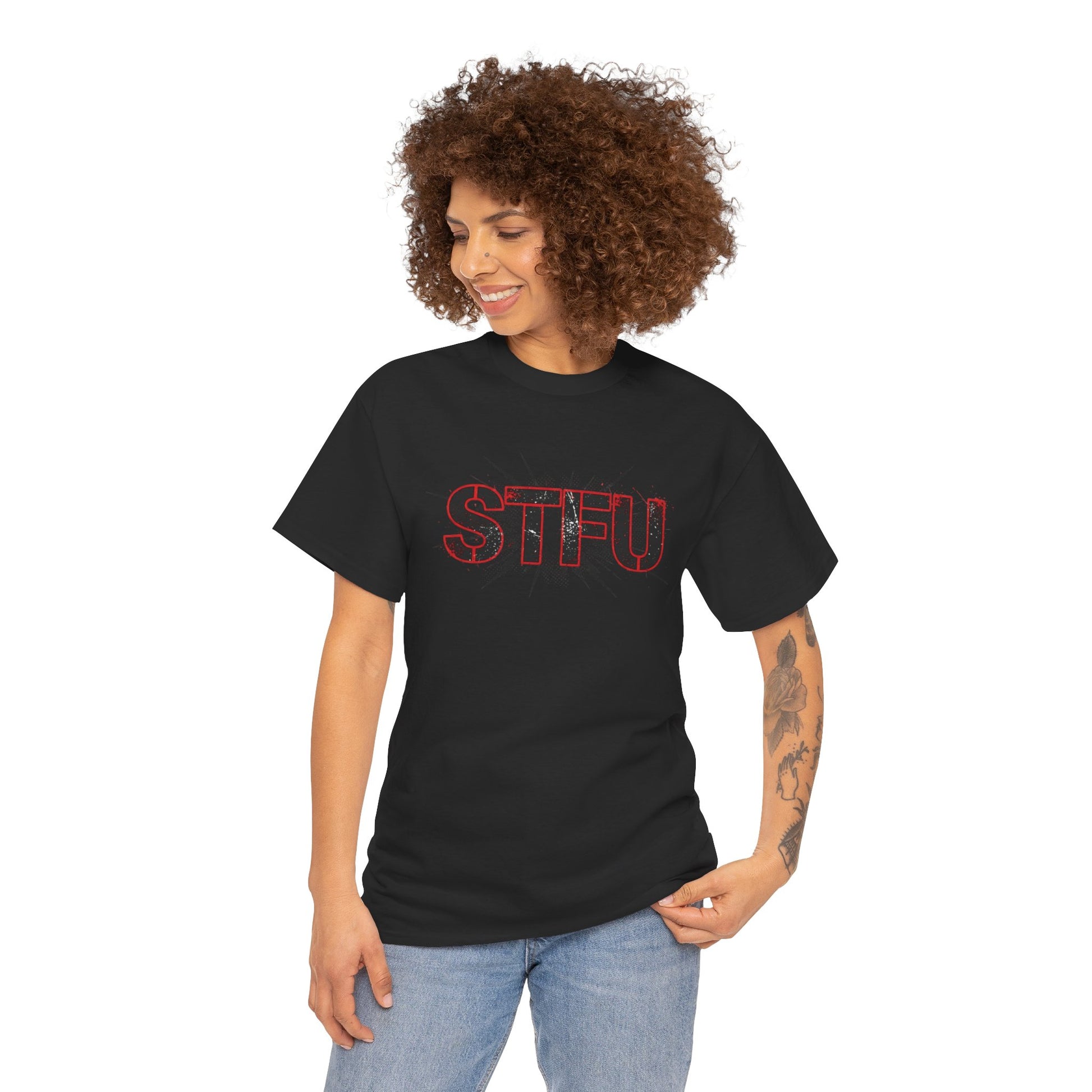 STFU Graphic Tee — Bold Distressed Text Shirt for Statement Style Printify