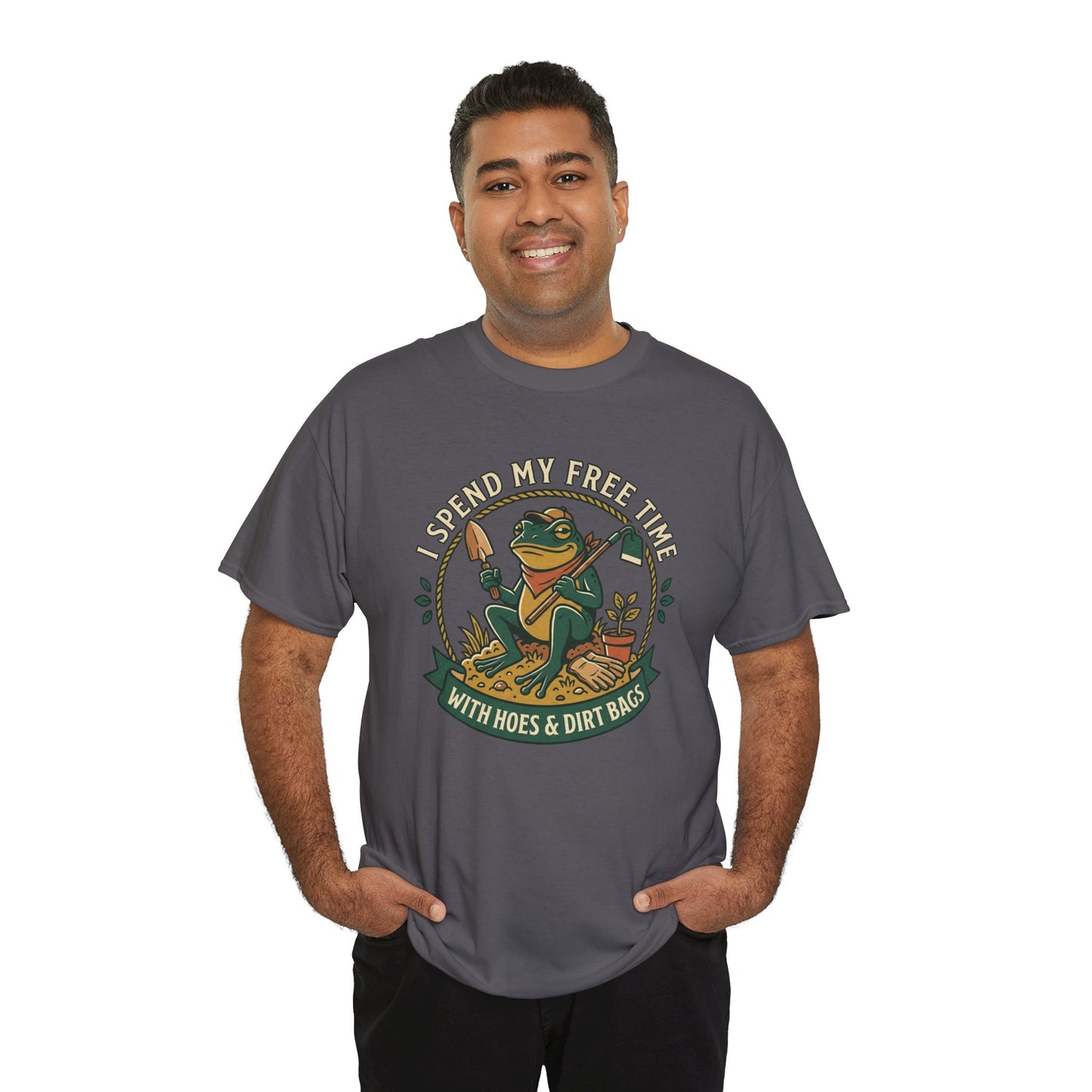 Gardening Frog T-Shirt — "I Spend My Free Time With Hoes & Dirt Bags" Funny Garden Tee