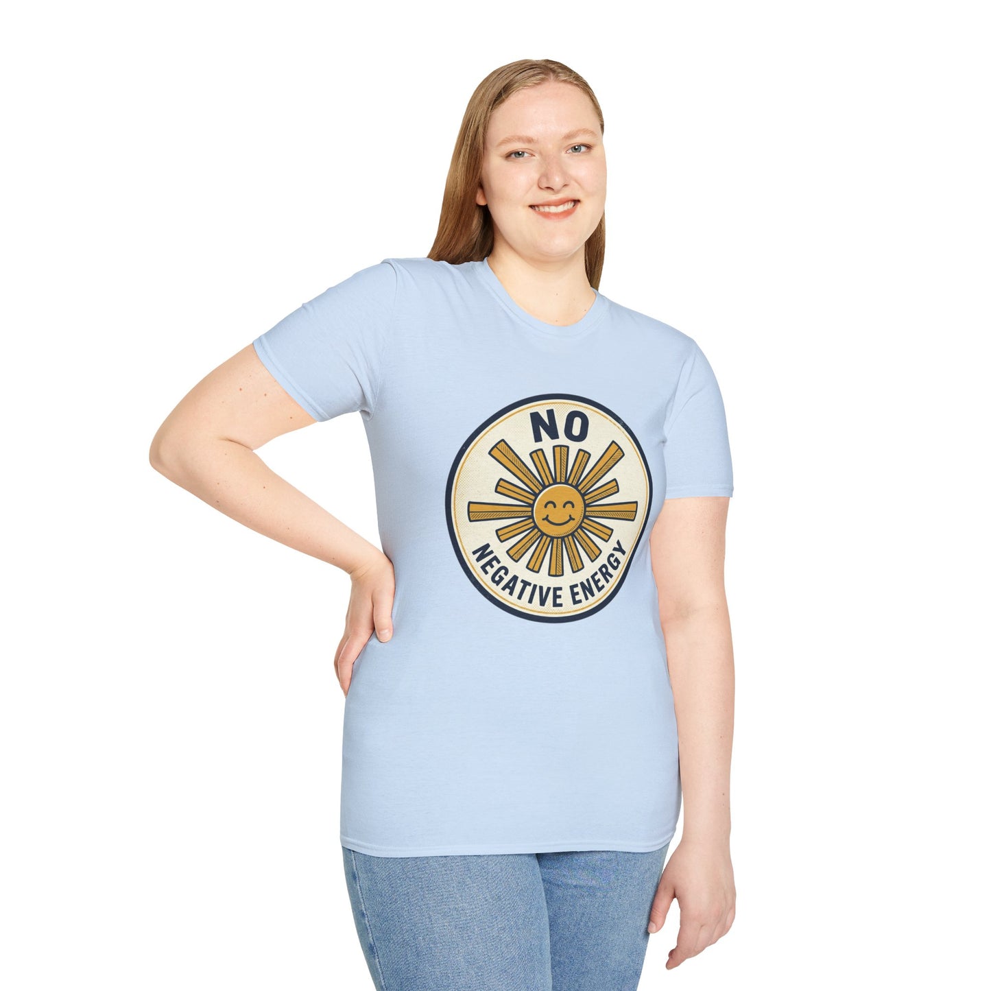 No Negative Energy T-Shirt — Retro Smiling Sun Positive Vibes Tee