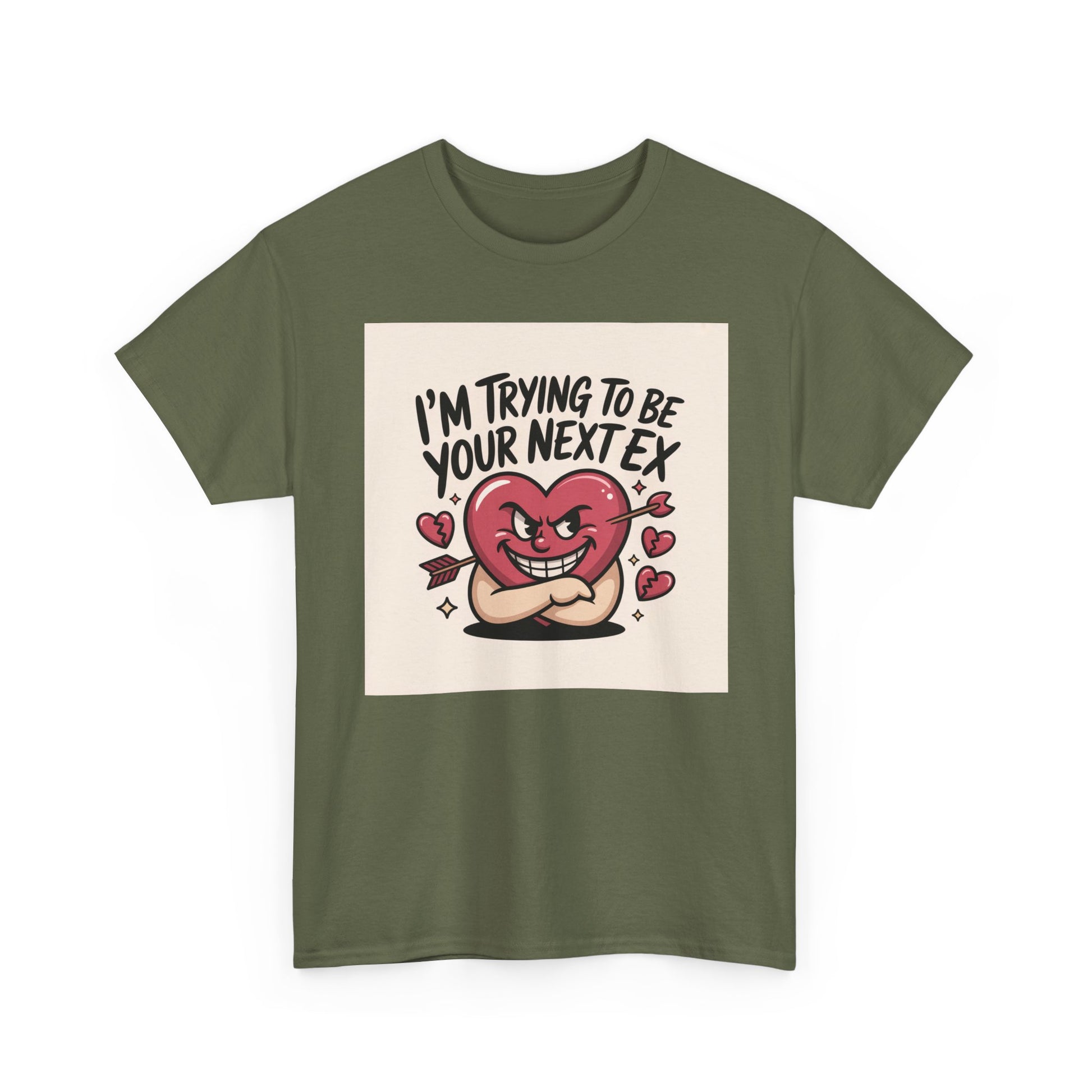 Valentine Heart Character Tee — "I'm Trying To Be Your Next Ex" Graphic T-Shirt Printify