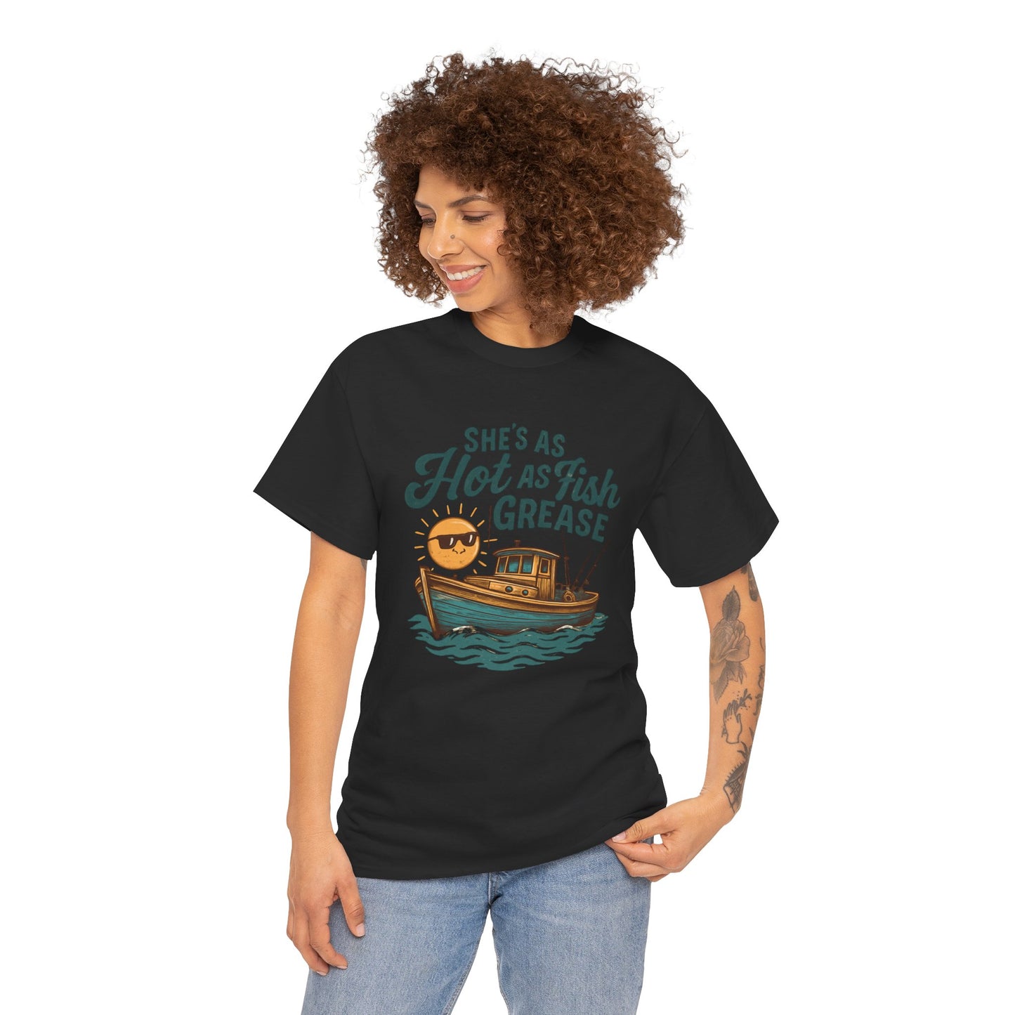 She's As Hot As Fish Grease Tee — Fishing Boat Graphic Shirt for Anglers & Seafood Lovers