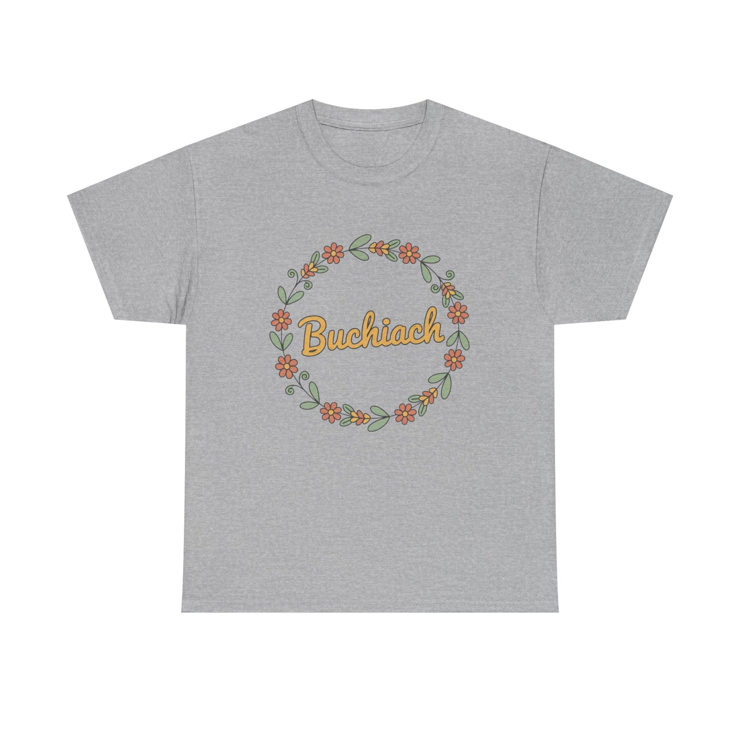 Buchiach Floral Wreath T-Shirt — Retro Script Garden Tee Printify