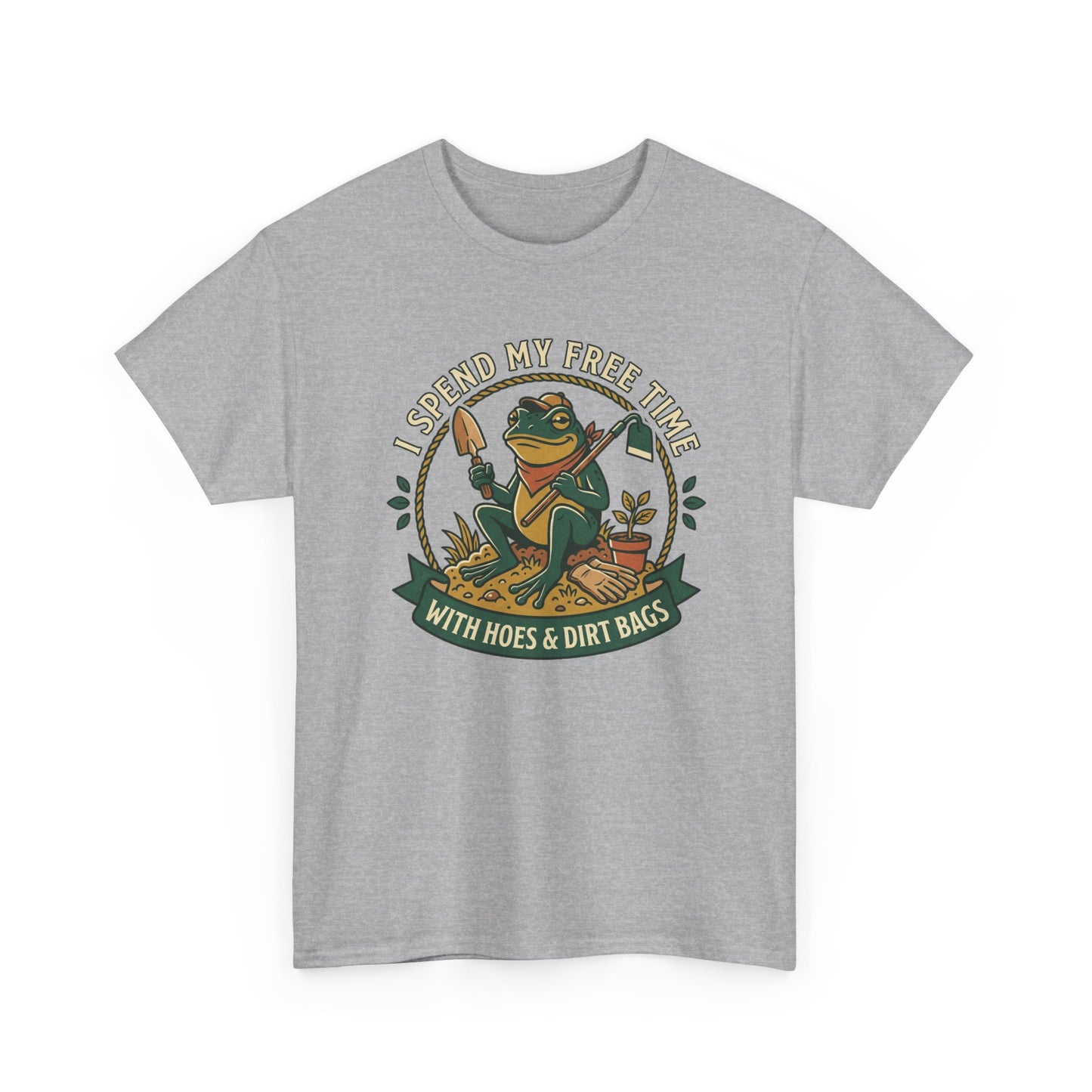 Gardening Frog T-Shirt — "I Spend My Free Time With Hoes & Dirt Bags" Funny Garden Tee