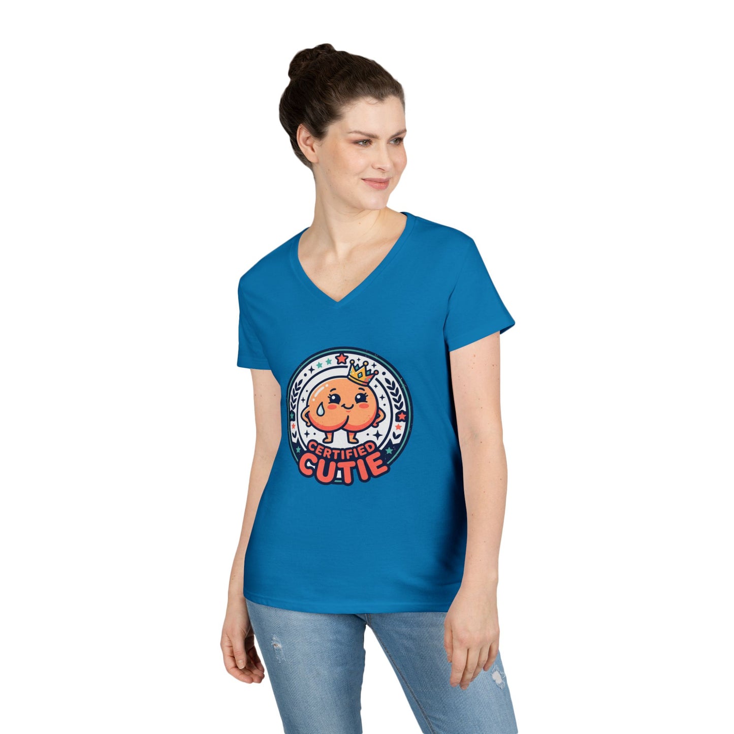 Certified Cutie V-Neck T-Shirt — Cute Cartoon Badge Graphic Tee for Women Printify