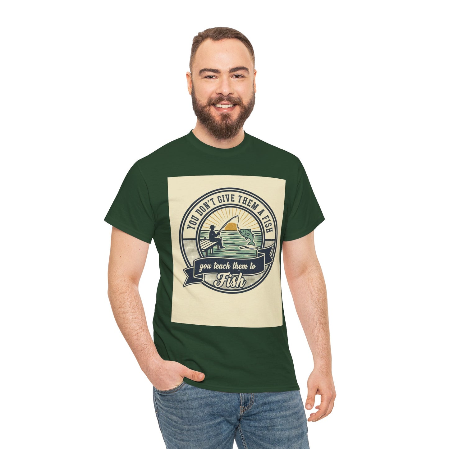 Fishing Vintage Badge T-Shirt — "You Don’t Give Them a Fish, You Teach Them to Fish" Graphic Tee