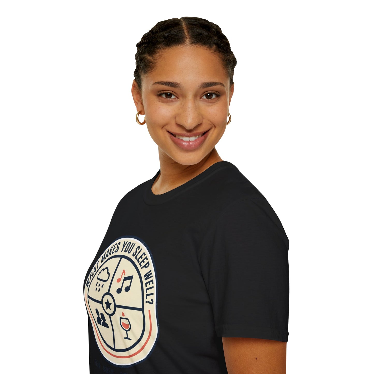"What Makes You Sleep Well?" Rain, Music, Sex, Drink Graphic-Sleep Essentials T‑Shirt