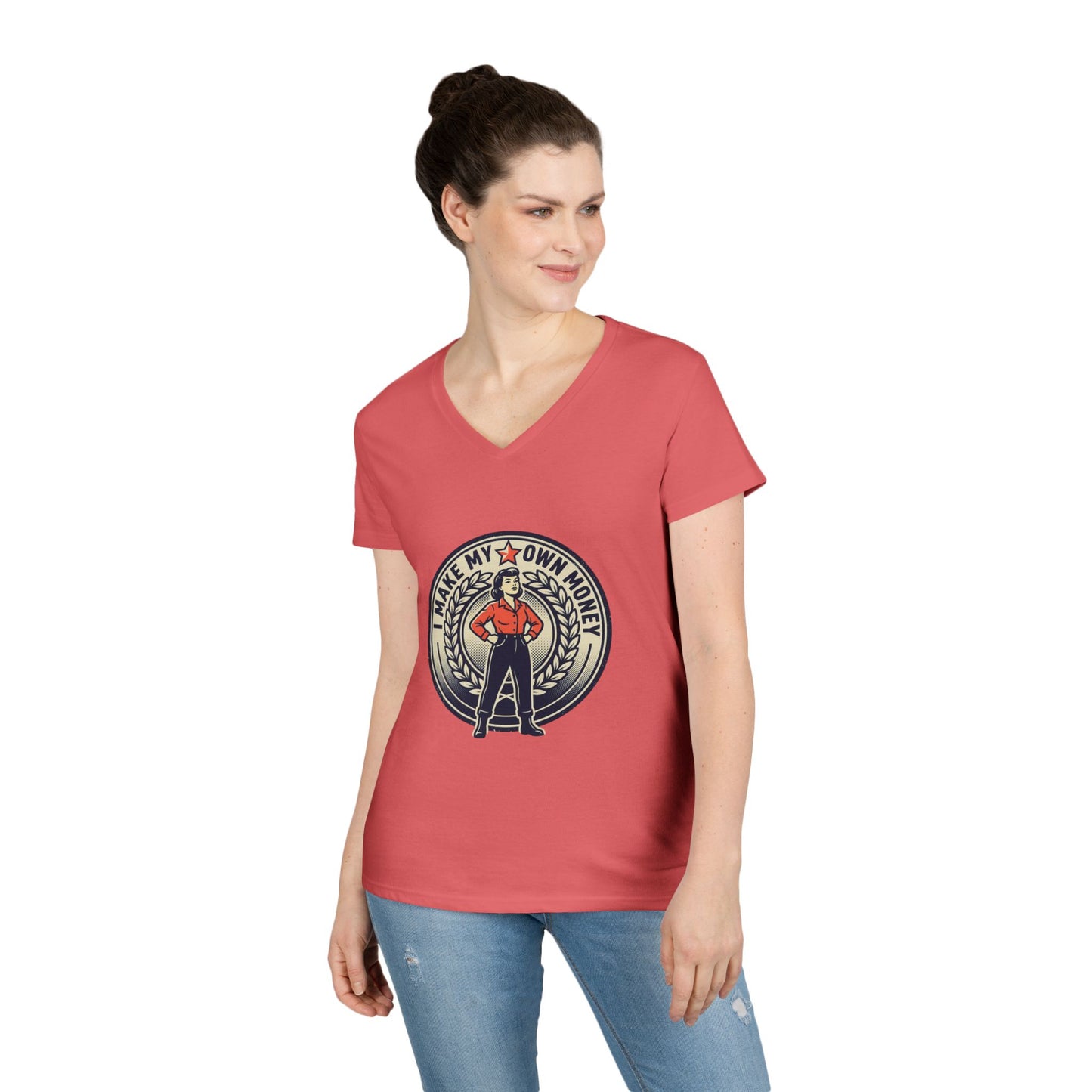 Ladies' V-Neck T-Shirt — "I Make My Own Money" Empowered Retro Worker Graphic Tee