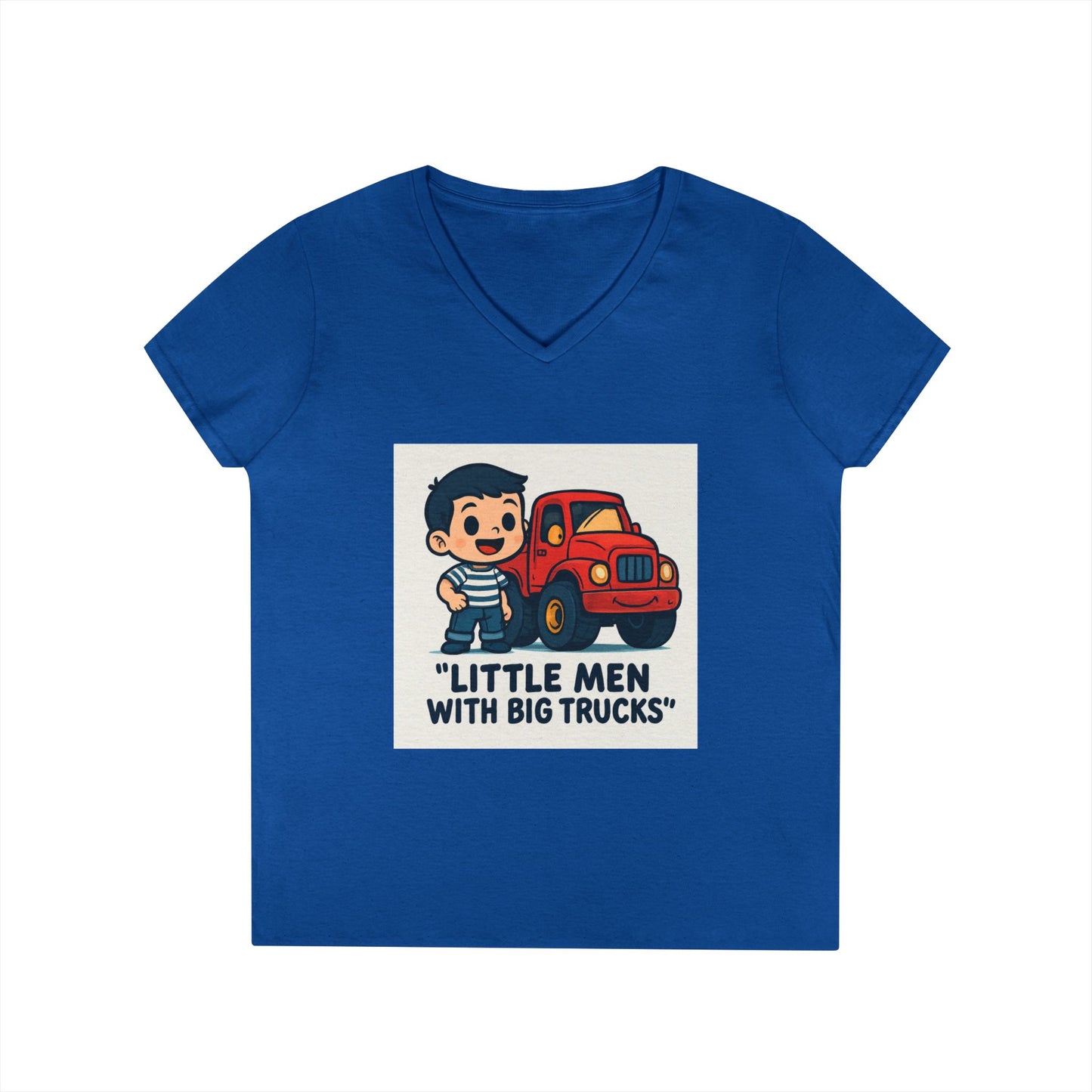 Ladies' V-Neck T-Shirt — "Little Men with Big Trucks" Cute Retro Truck Tee for Kids & Moms Printify