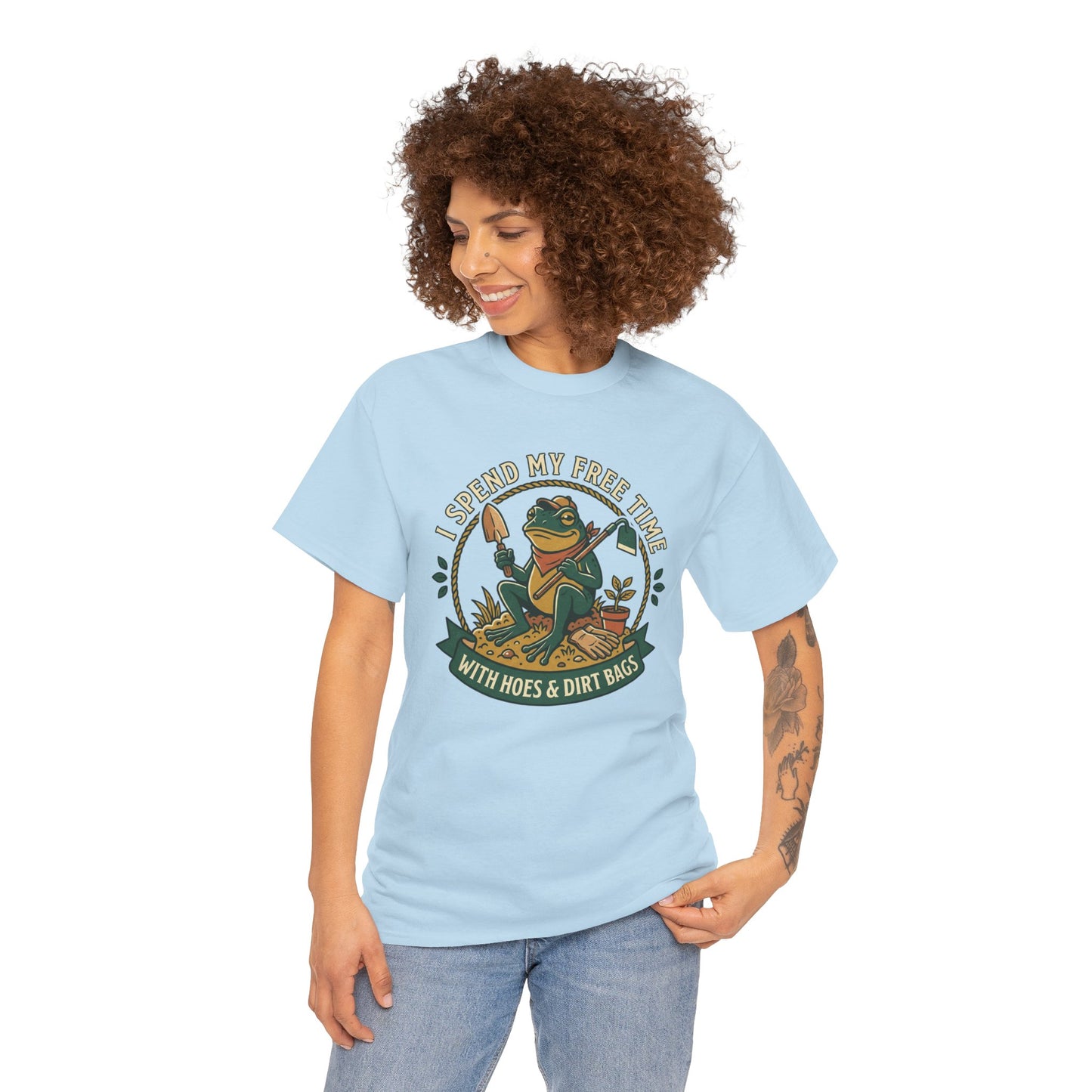 Gardening Frog T-Shirt — "I Spend My Free Time With Hoes & Dirt Bags" Funny Garden Tee
