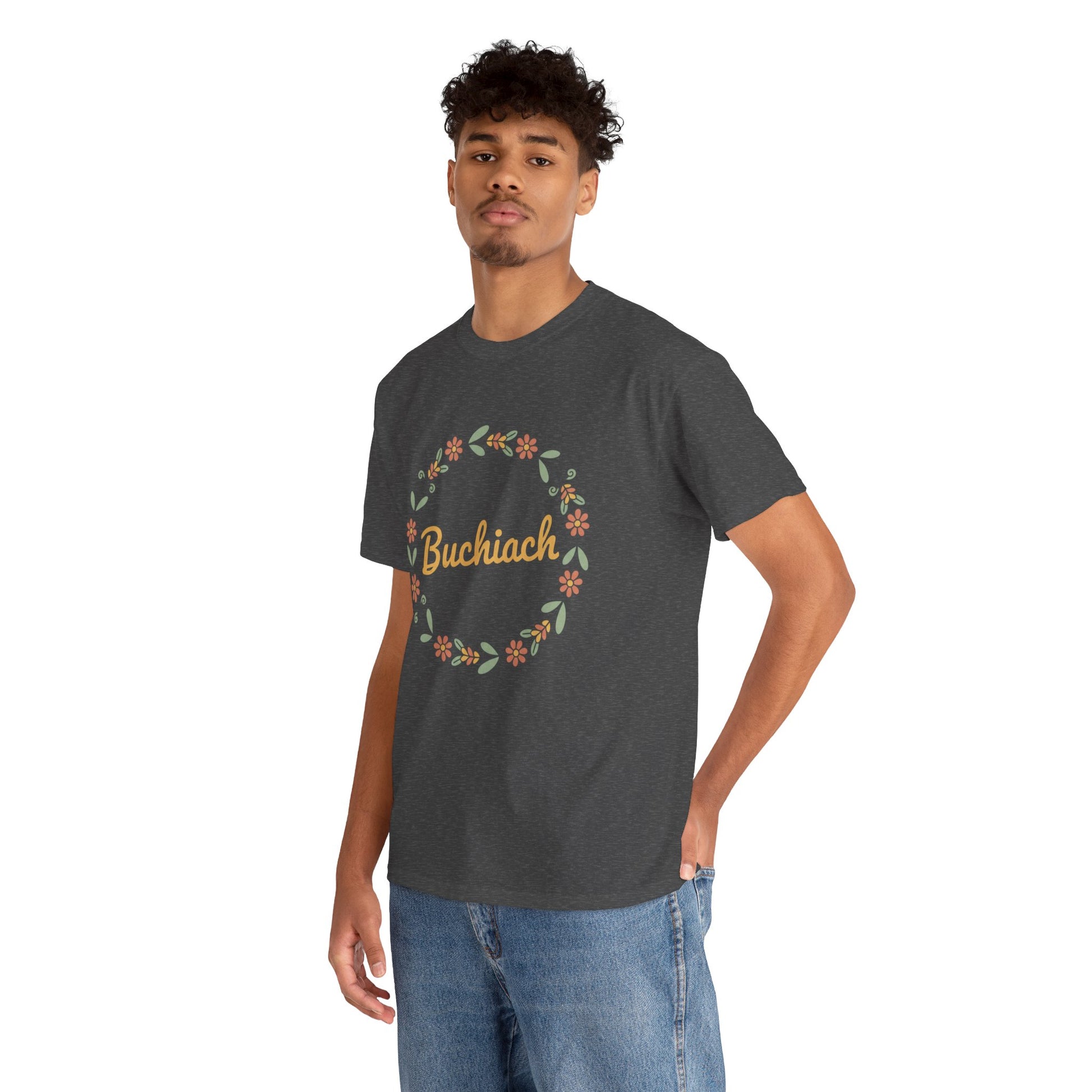 Buchiach Floral Wreath T-Shirt — Retro Script Garden Tee Printify